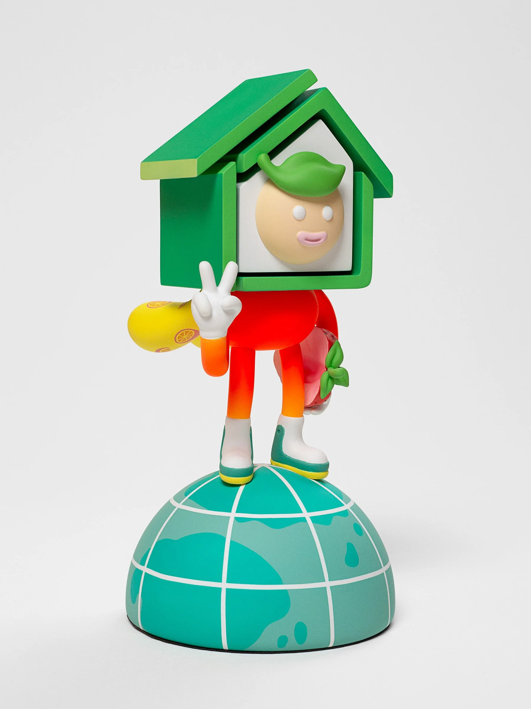 Cute house-headed character sculpture created by Brosmind standing on a globe making a peace sign for DaYung's.