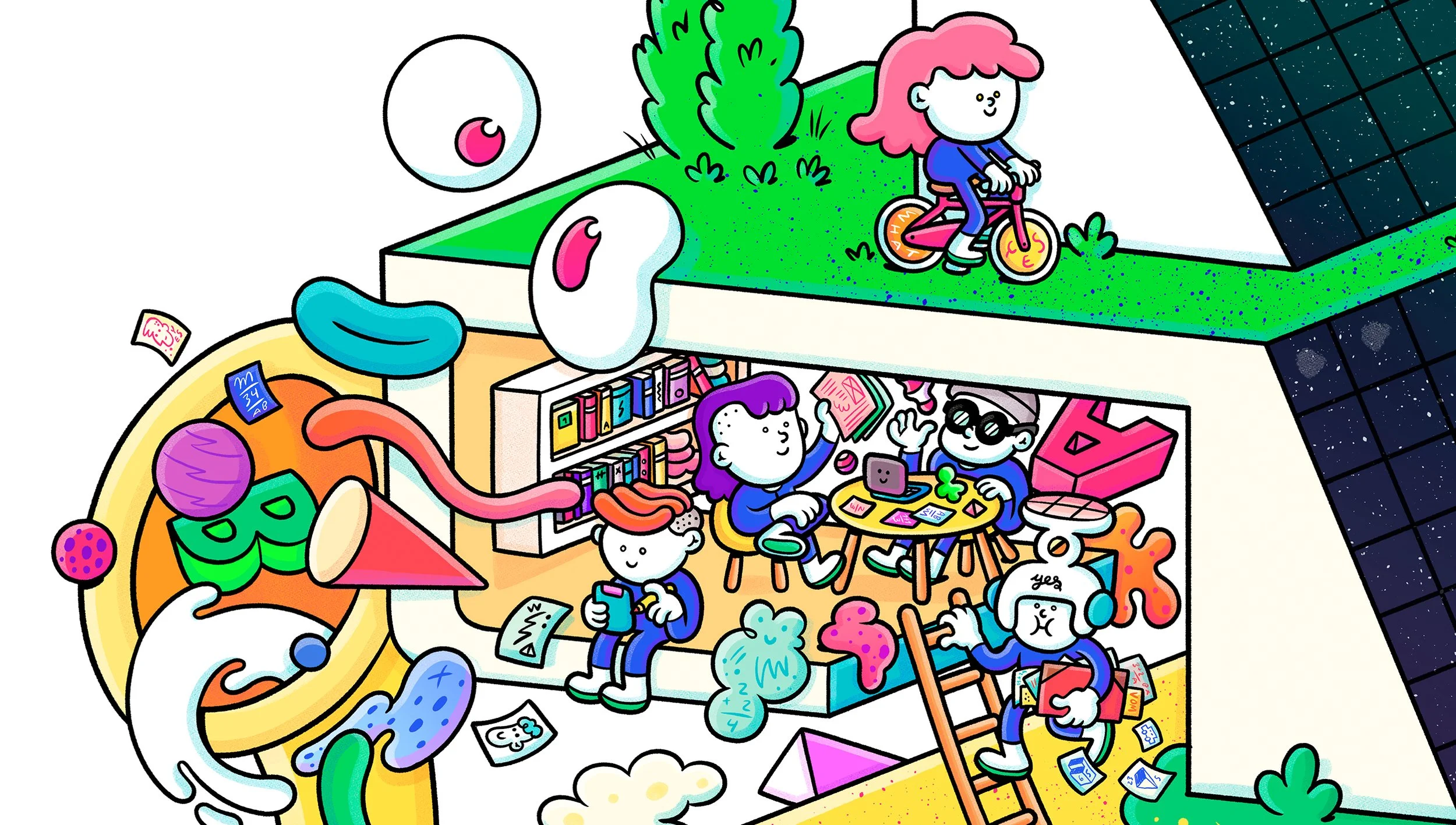 Illustration detail of scientists sharing knowledge in a library lounge and riding a bicycle on a sunny green rooftop garden.