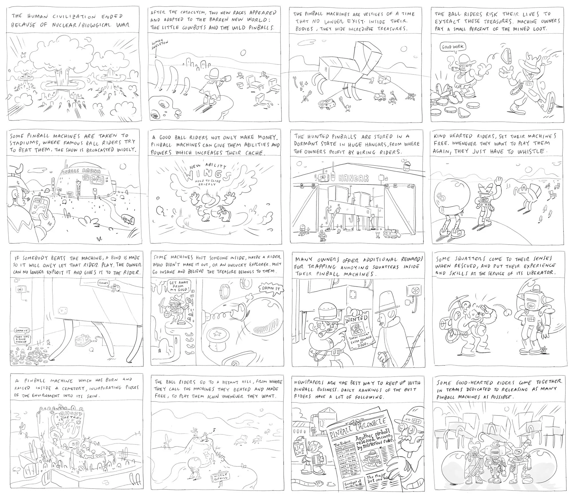 Black and white storyboard panels outlining the lore, narrative background, and worldbuilding for the Pinball Riders game project.
