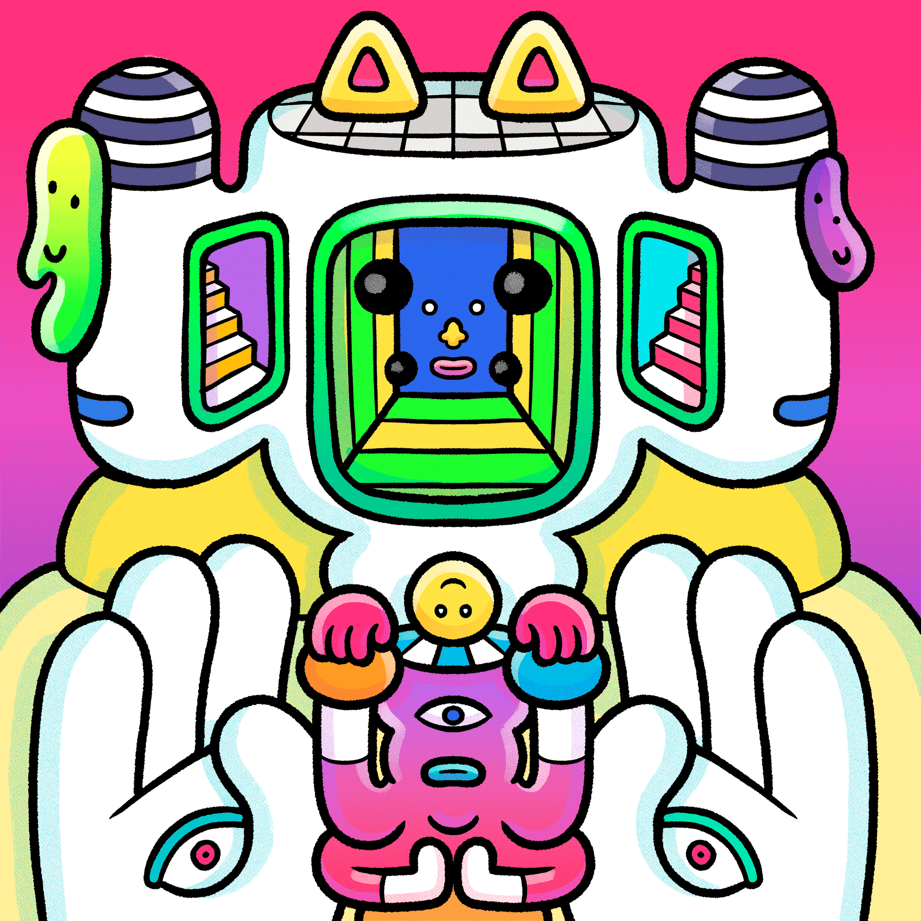 Psychedelic character with cat ears, palm eyes, and eye lightning bolts holding a small creature.
