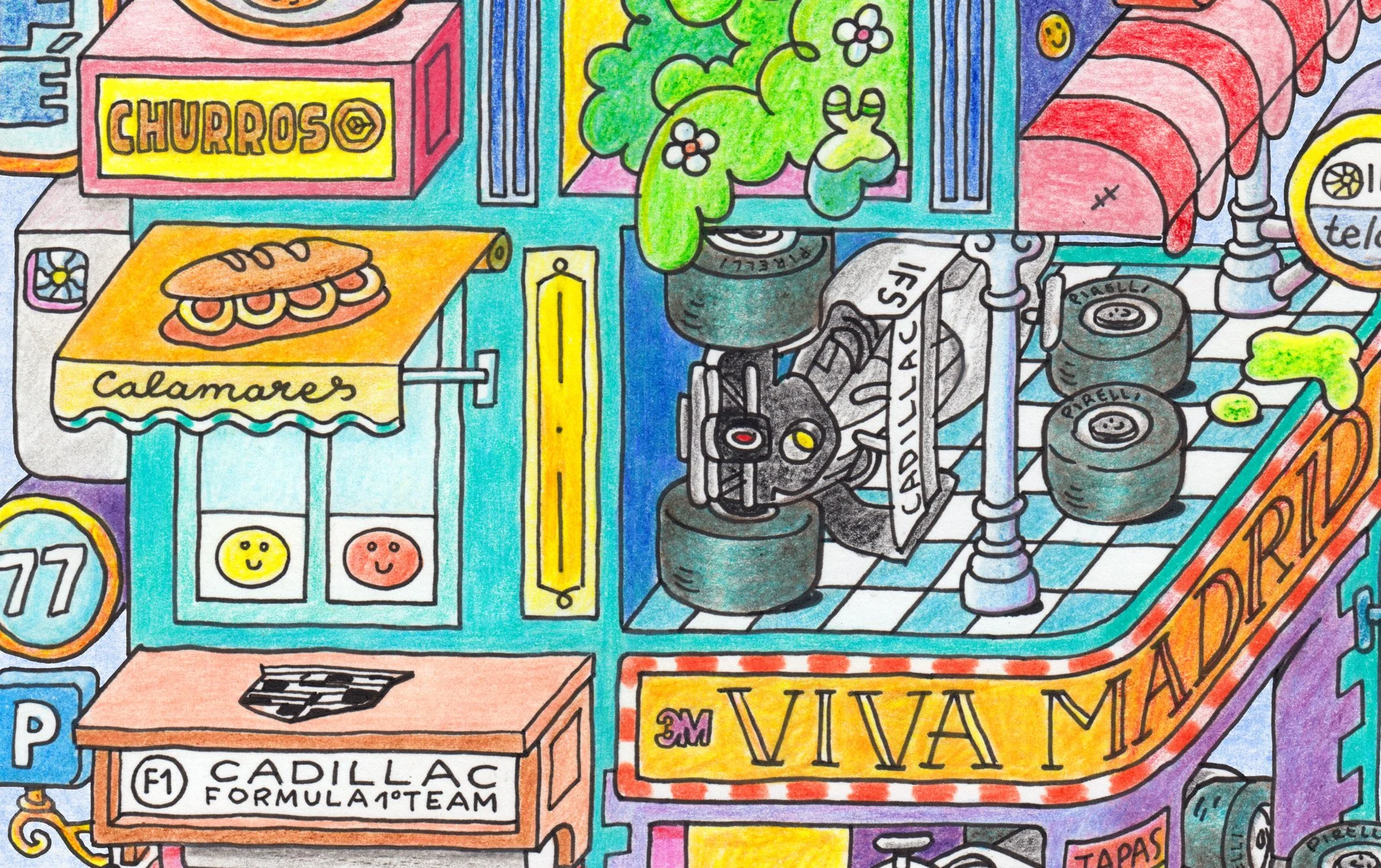 Close-up detail of the hand-drawn colored pencil artwork for Cadillac F1 Team's Spanish GP, showing intricate shop signs and racing cars.