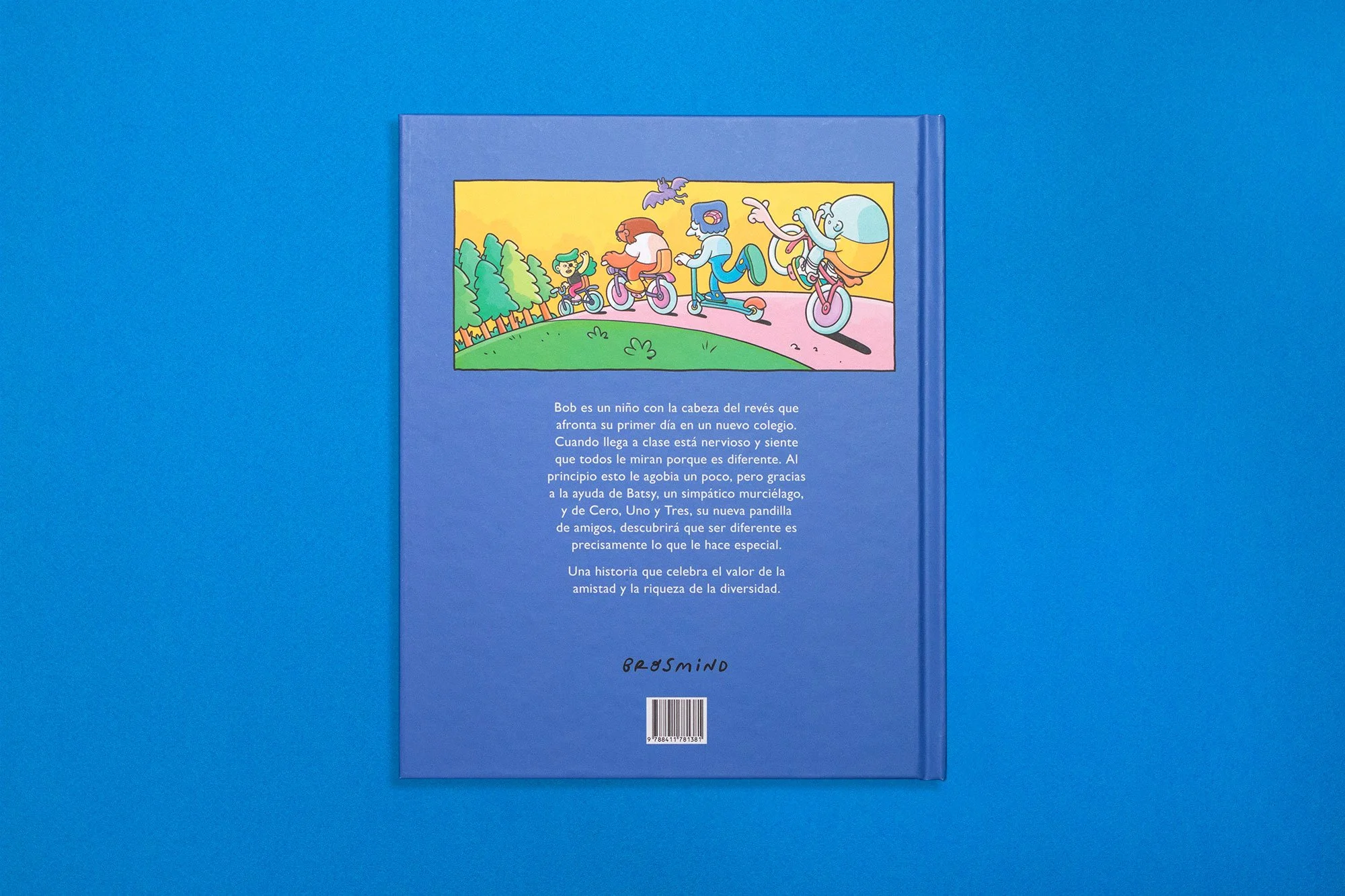 Back cover photo of the Bob Upside Down illustrated children's book on a blue background, showing a teaser comic panel and book synopsis.