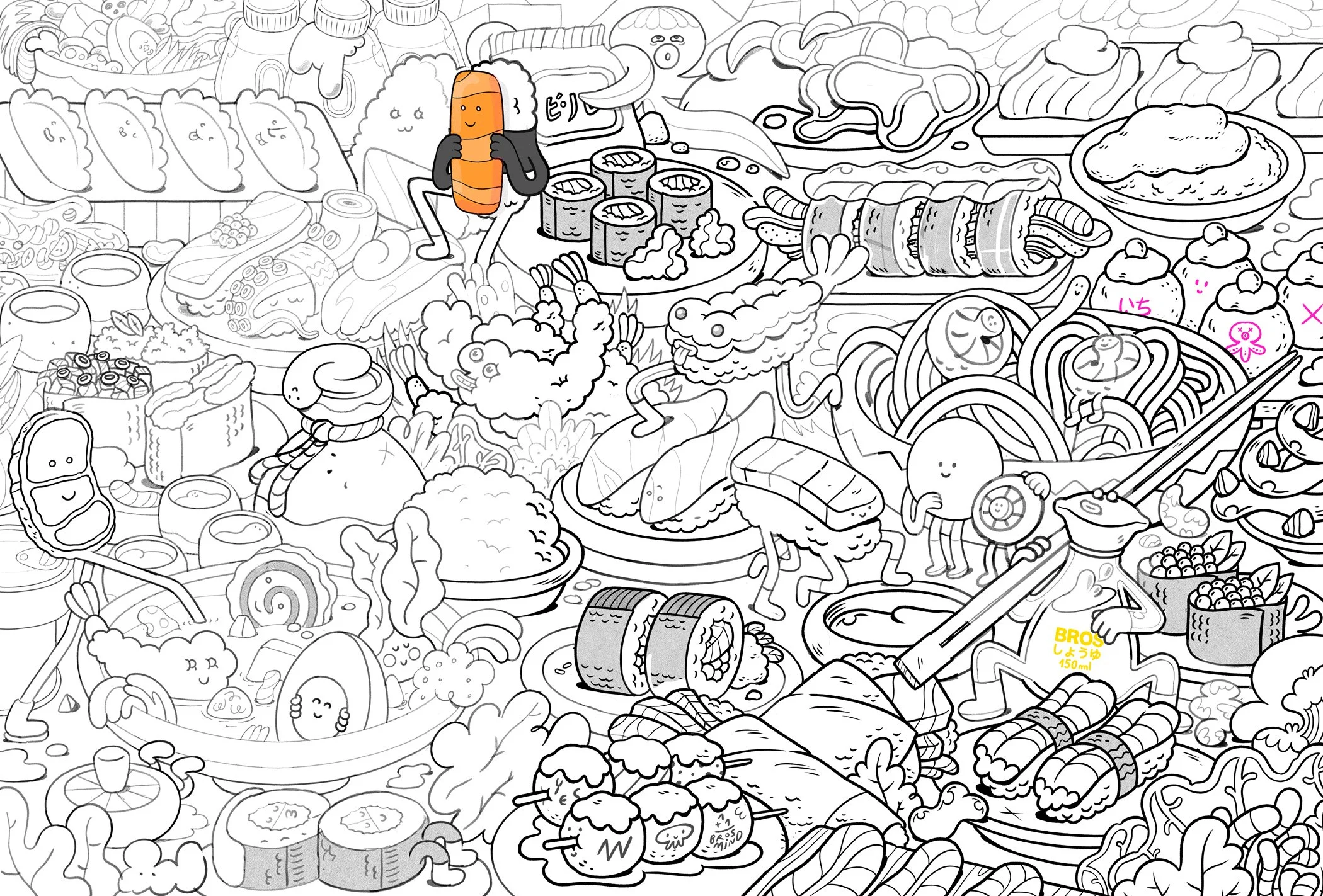 Original pencil sketch and creative process for the Brosmind x Balvi sushi illustration puzzle.