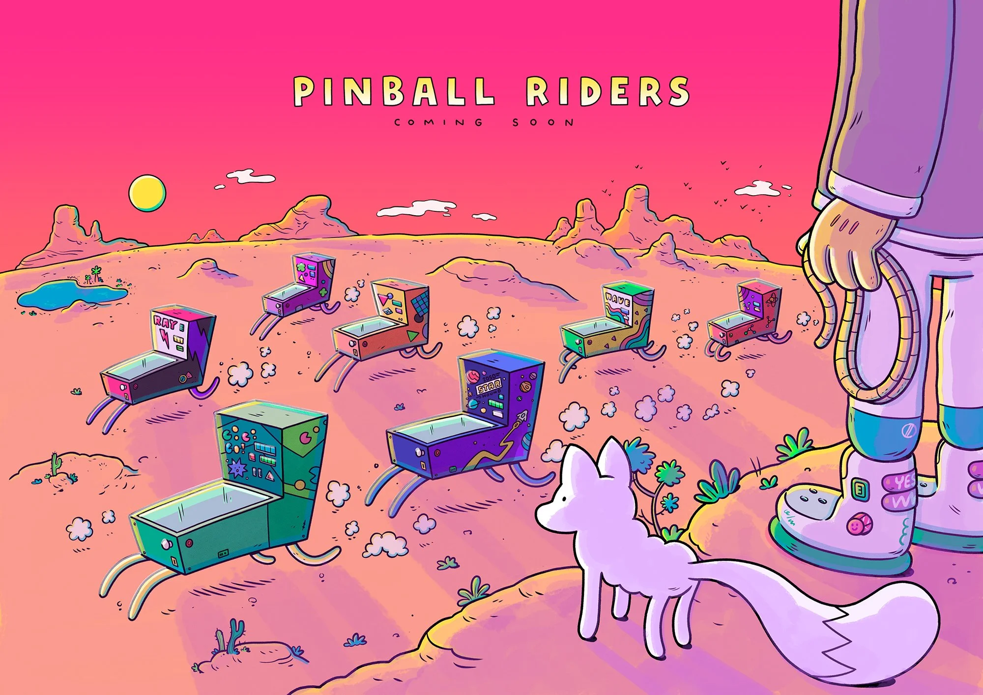 Concept art illustration for Pinball Riders, featuring a lone cowboy watching a herd of wild pinball machines run across a western landscape.