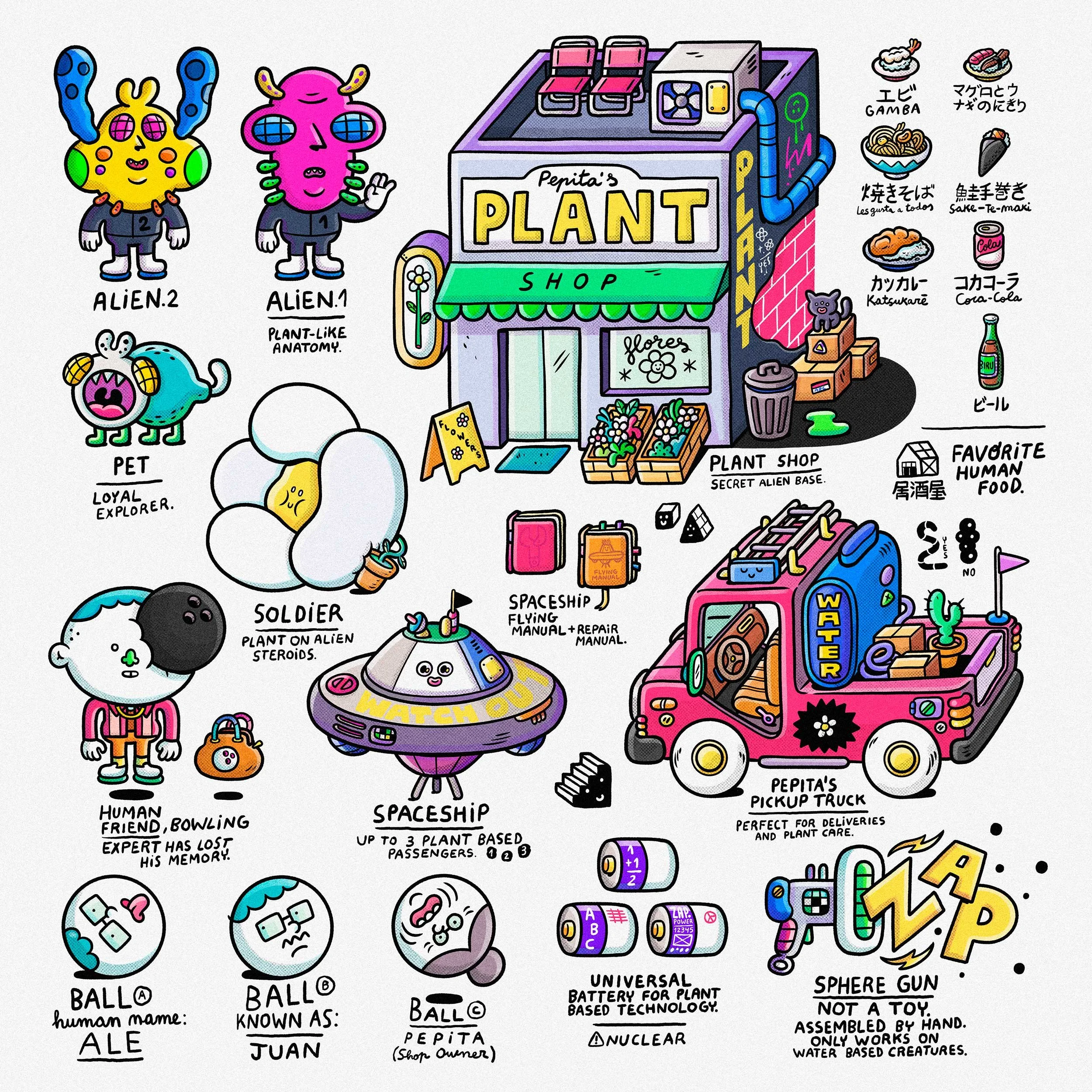 Detailed worldbuilding character asset sheet and infographic grid with handwritten notes detailing weapons, vehicles, and lore for Pepita's Plant Shop.