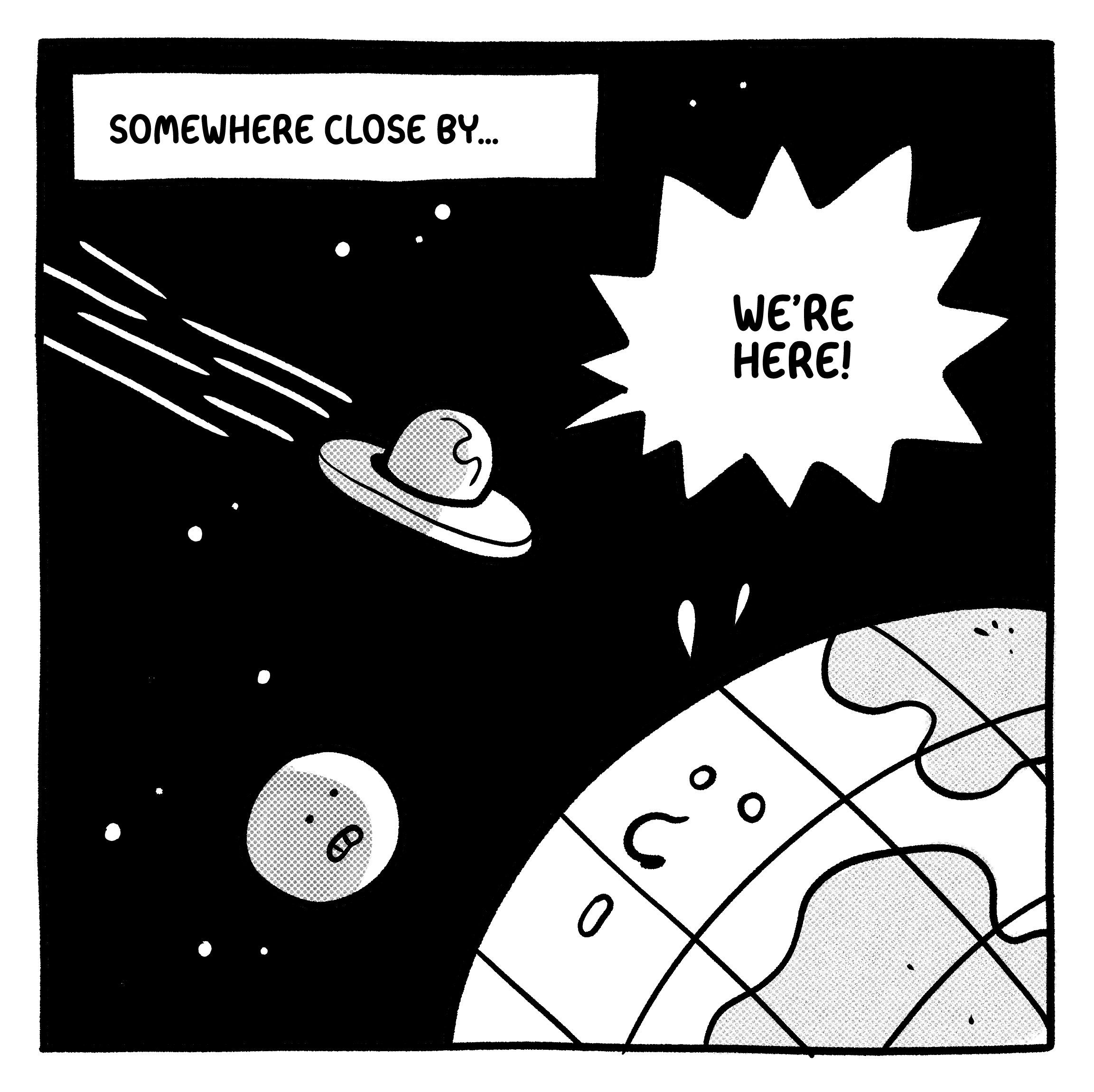 Black and white underground comic panel with screentone textures depicting vegetable alien agents arriving on Earth with the goal of world conquest.
