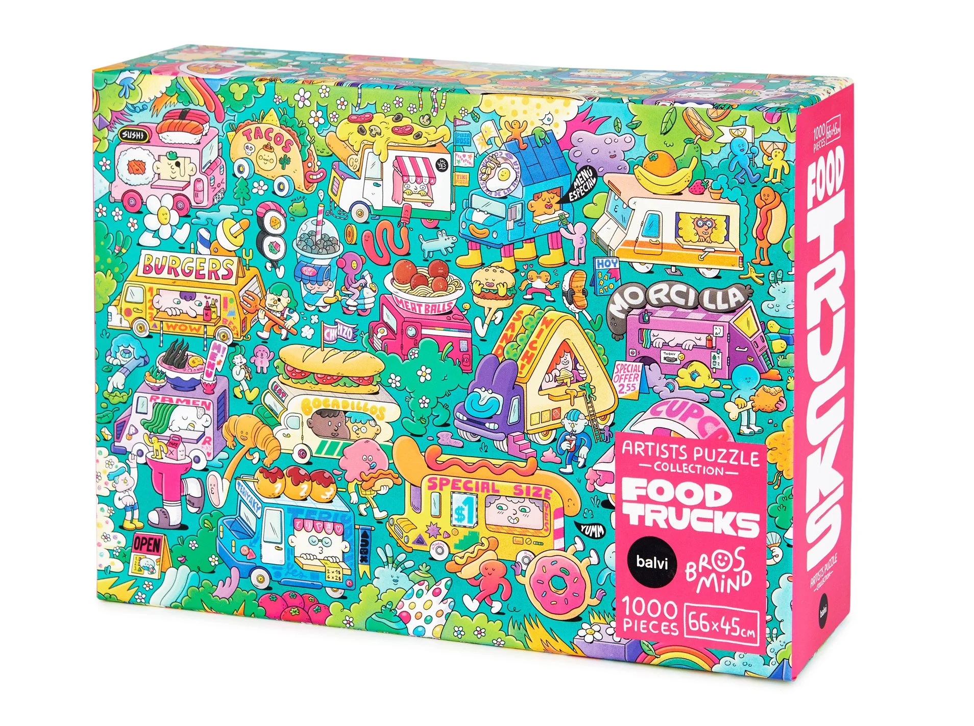 Front cover packaging of the food trucks-themed jigsaw puzzle designed by Brosmind for Balvi.