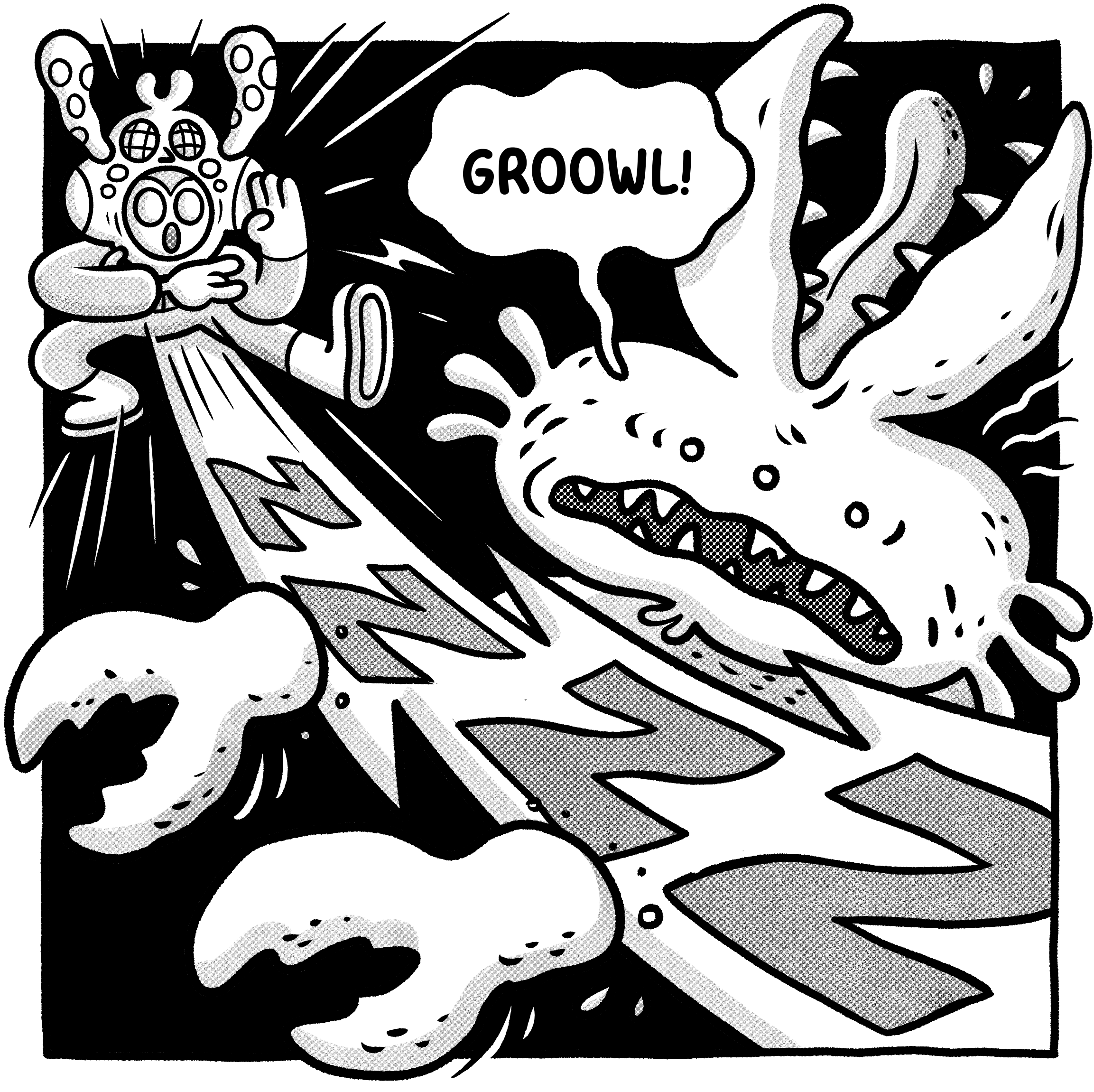 Black and white sci-fi comic book panel illustrating giant alien agents fighting a monster in a ruined city in a classic kaiju scene.