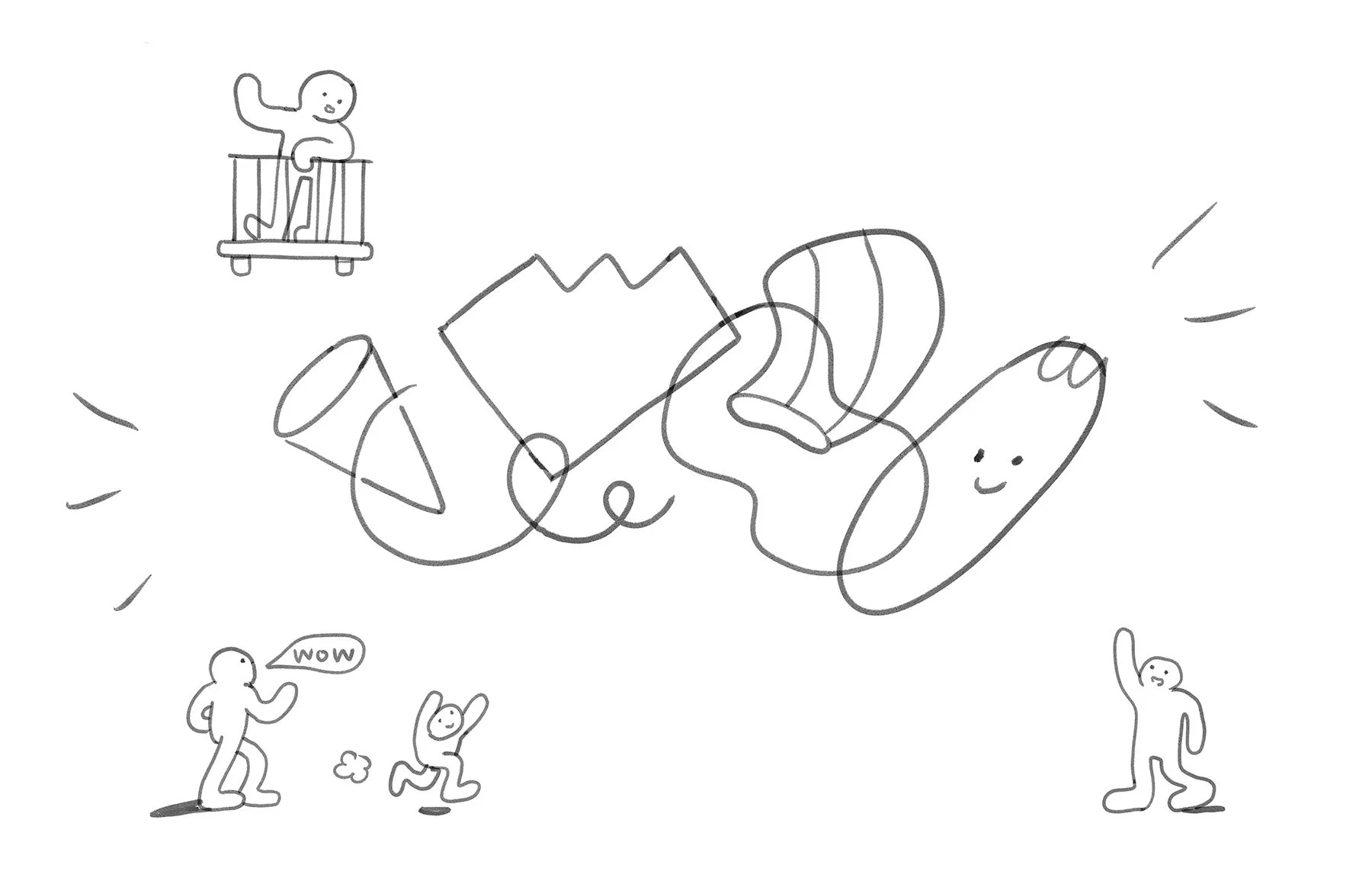 Concept sketch illustrating how the suspended icon light cloud encourages interaction with street pedestrians.