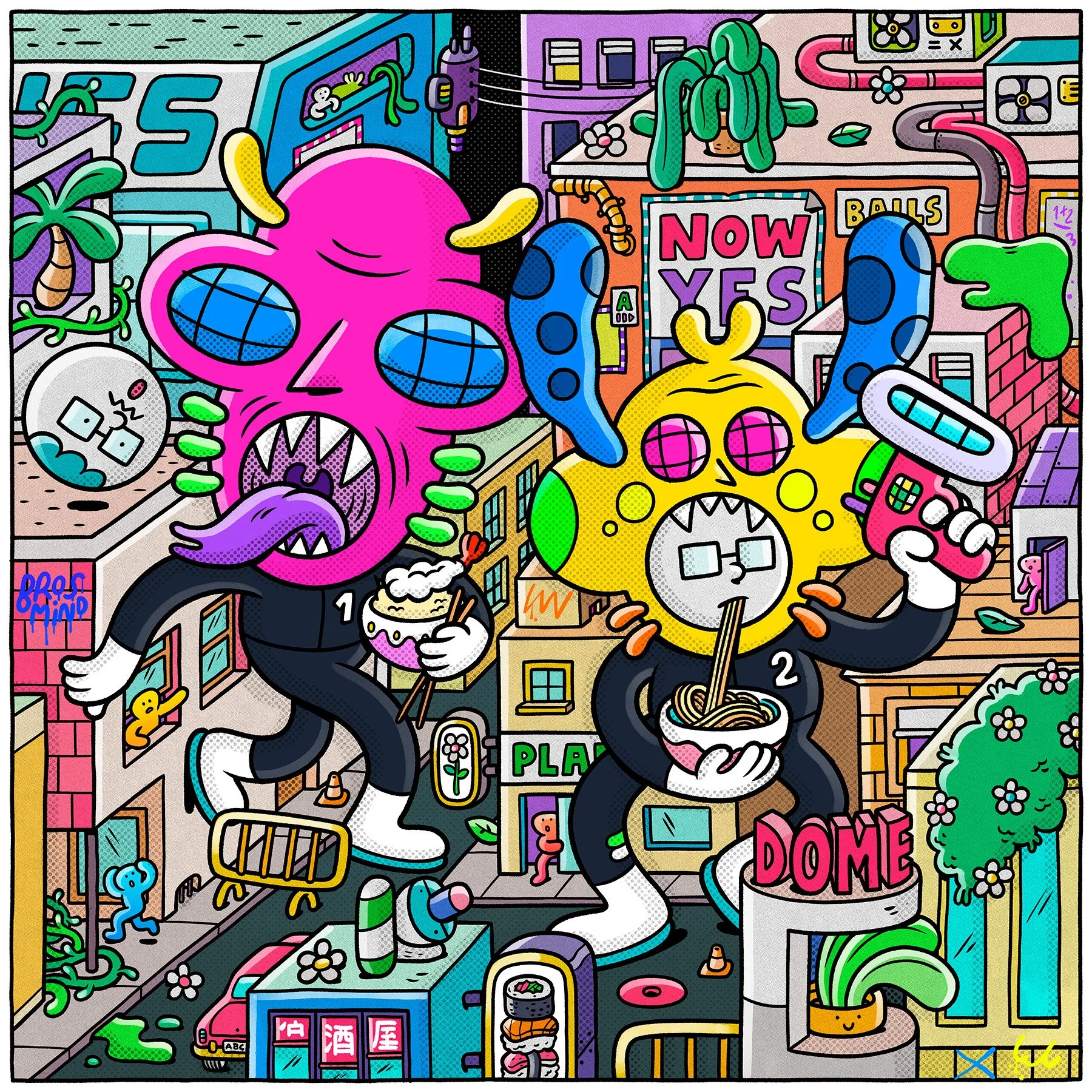 Vibrant sci-fi illustration artwork for Pepita's Plant Shop comic, showing giant vegetable alien agents eating asian noodle bowls among colorful city buildings.