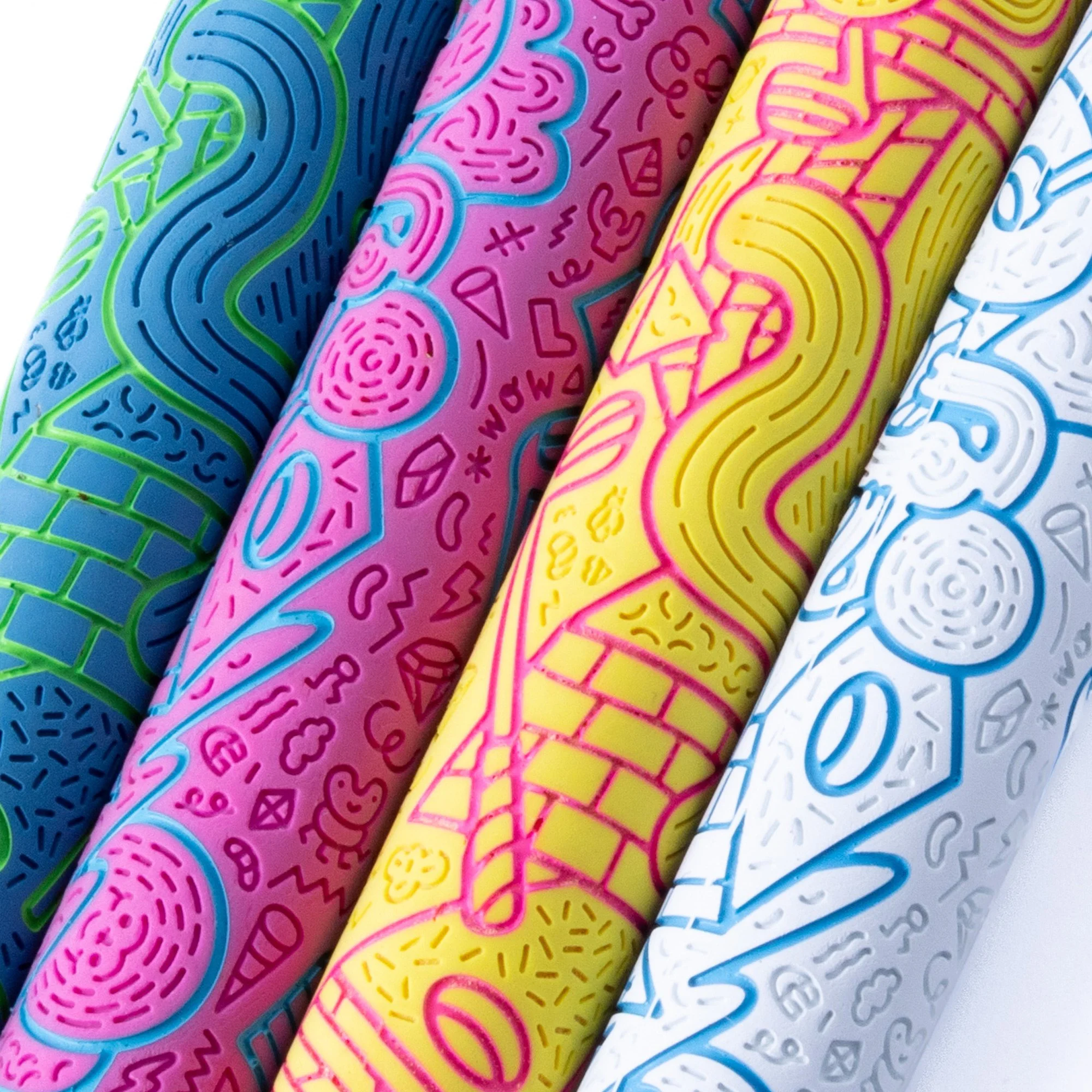 Angled close-up view highlighting the detailed line art carvings and grip texture of Brosmind's RIPIT golf grips.