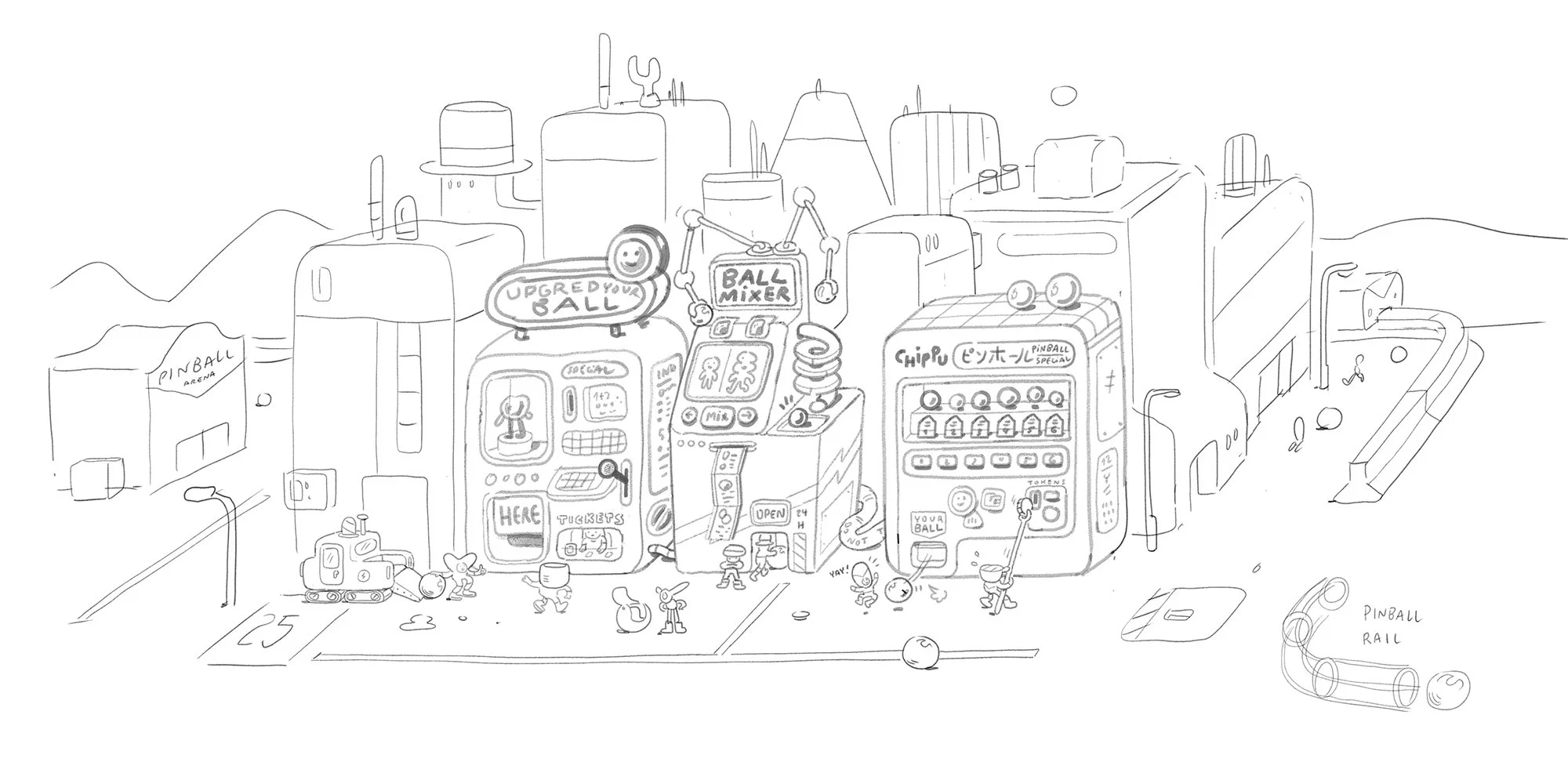 Environment concept drawings and architectural sketch explorations for the western sci-fi universe of Pinball Riders.