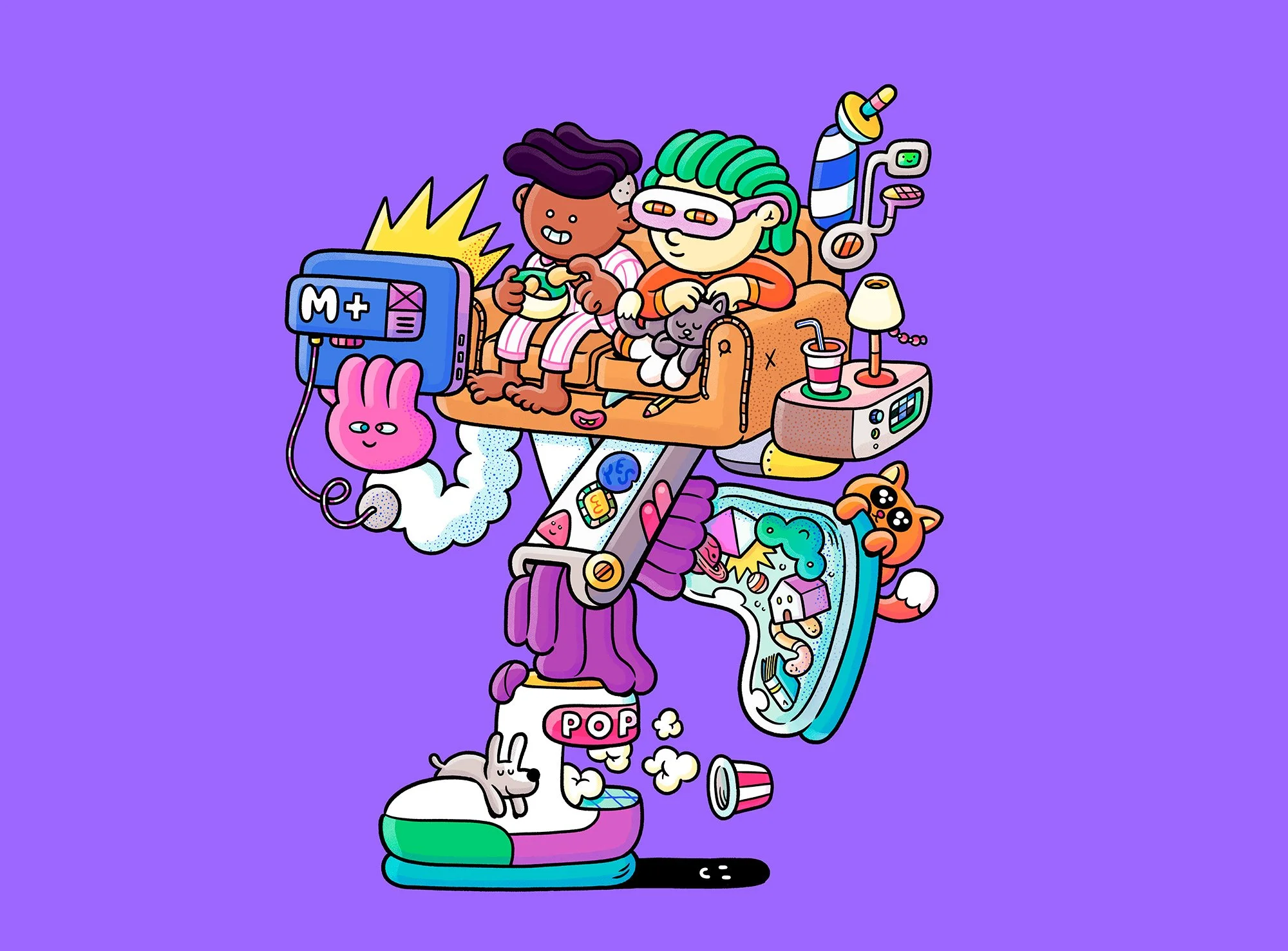 Main Brosmind illustration for the Movistar Plus+ gift box, featuring two roommates watching TV series on a couch with whimsical character details.