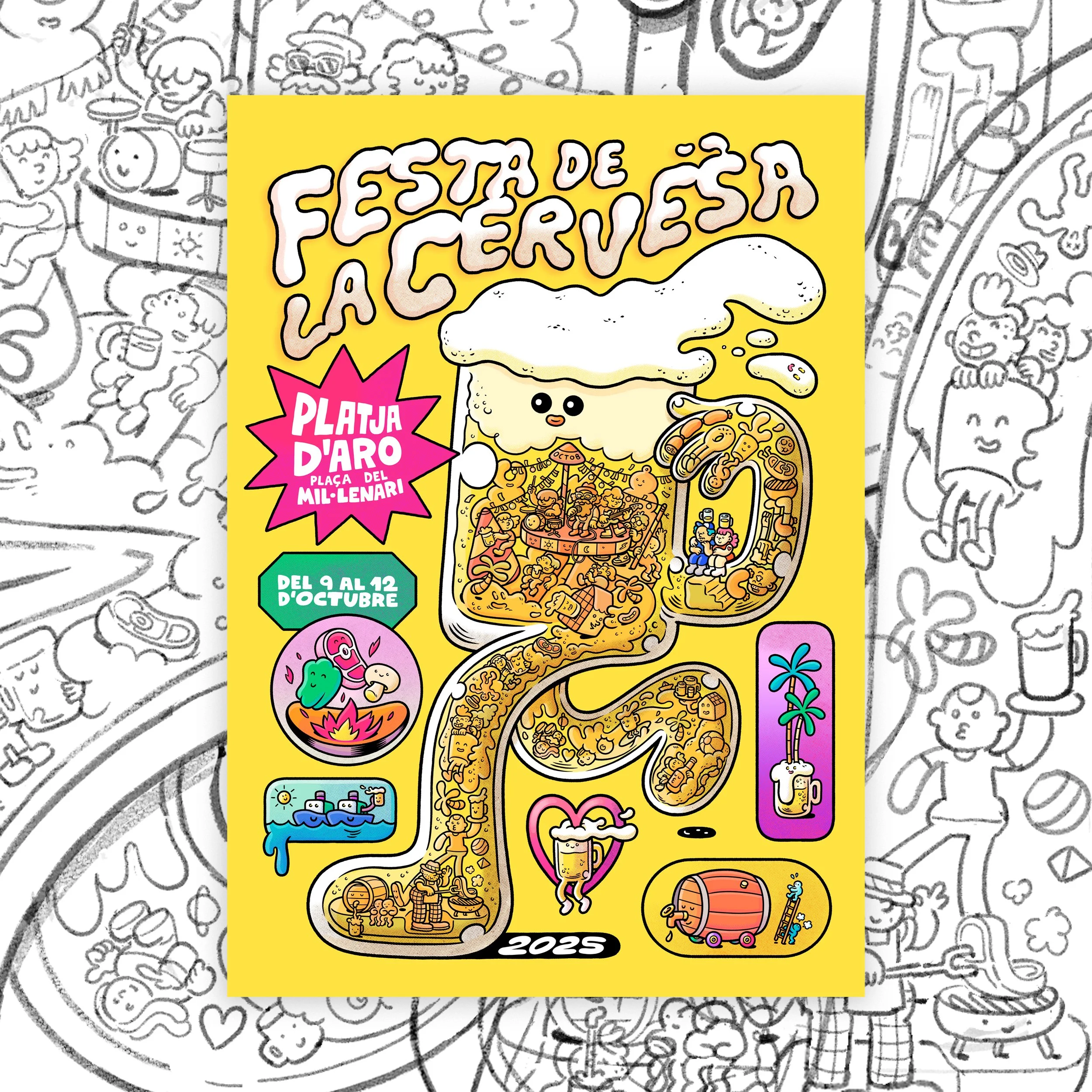 Official event poster design by Brosmind for the Platja d'Aro Beer Festival, featuring a giant walking beer glass character filled with scenes of festival-specific activities, live music, and gastronomy.