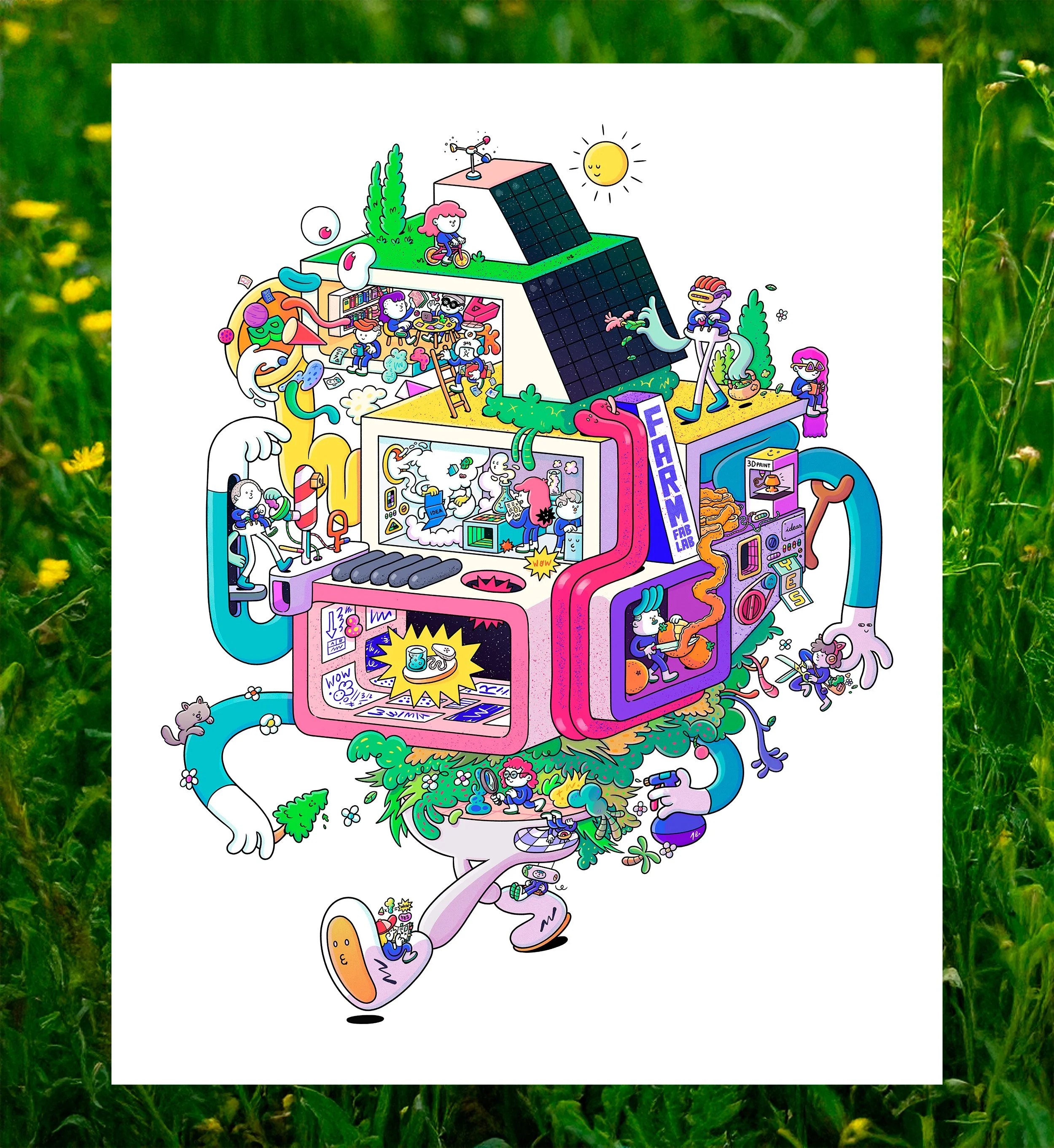 Vibrant brand poster illustration by Brosmind for Farm FabLab depicting a utopian 3-story modular building character with arms and legs, housing a collaborative eco-tech community of scientists.