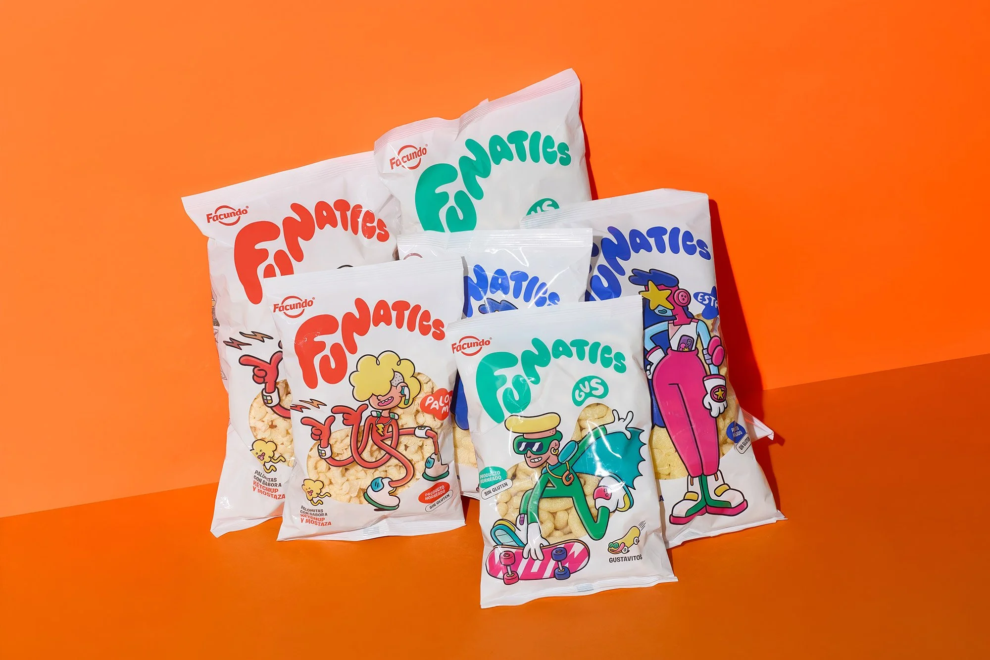 Still life photography of Facundo Funatics snack packaging featuring custom character illustrations designed by Brosmind with Mucho.