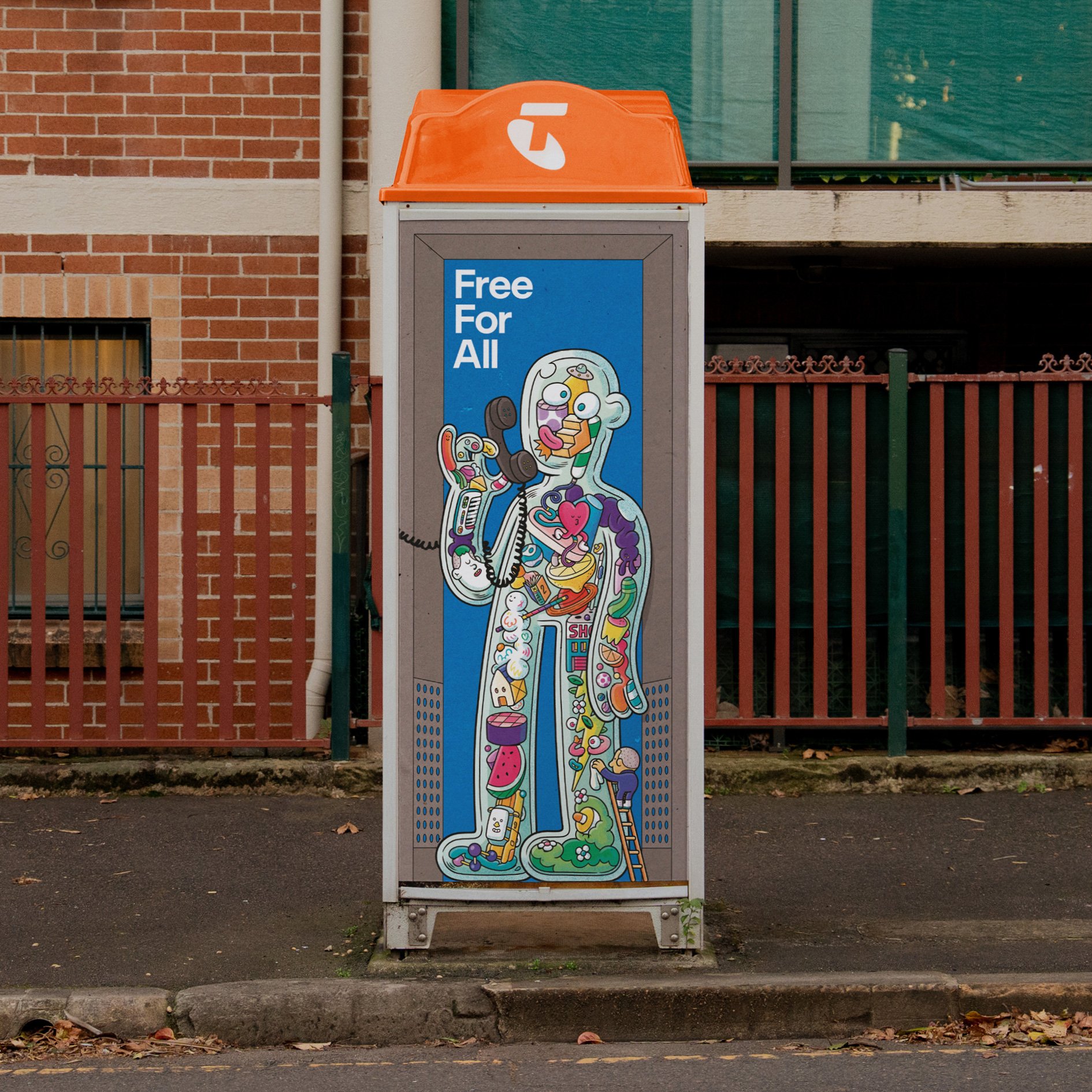 Telstra phone booth display showing a transparent glass character filled with curious objects, illustrated by Brosmind for Bear Meets Eagle On Fire.