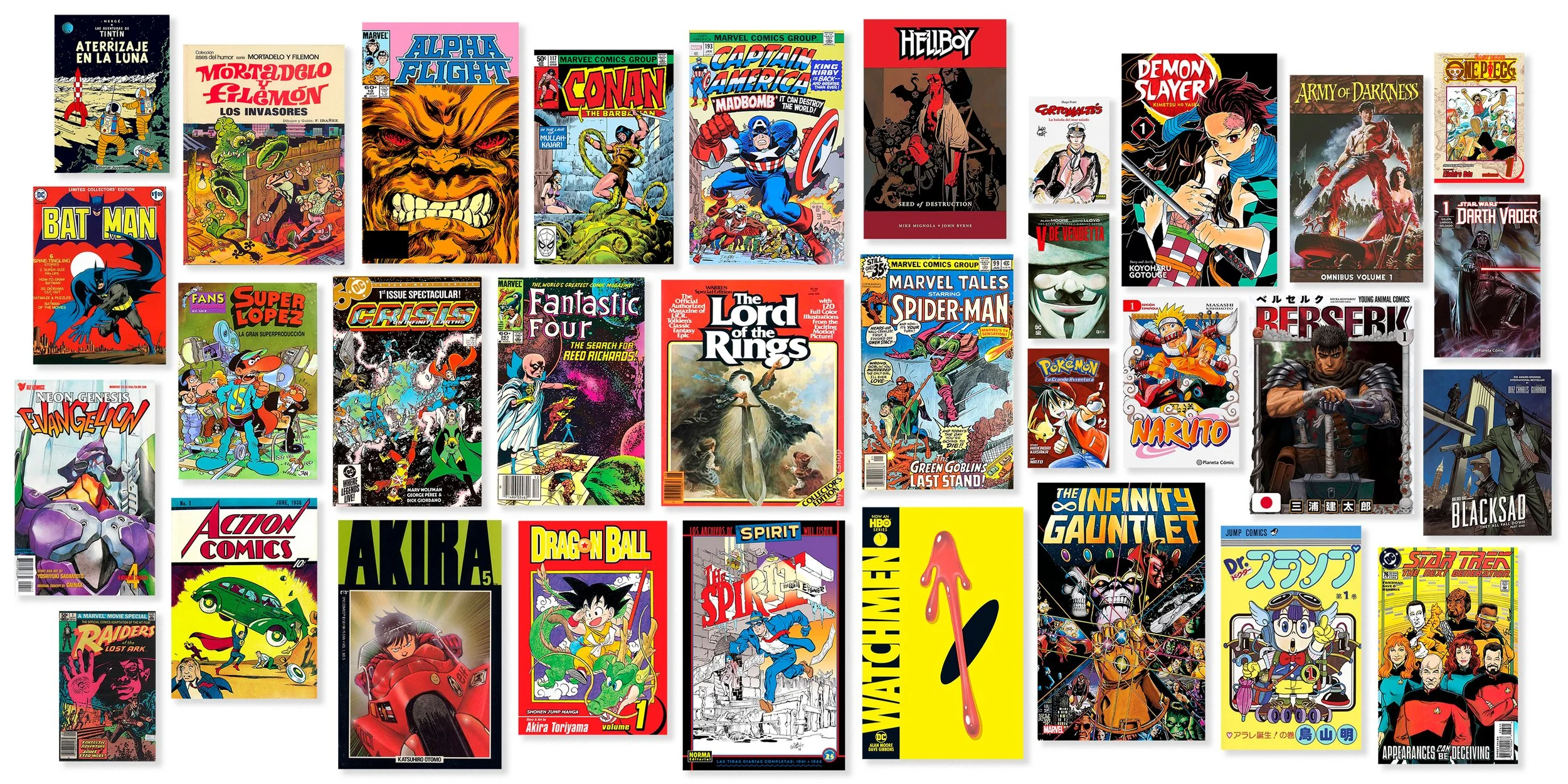 Visual legend grid showing iconic comic book covers used as inspiration and reference key for the Norma Cómics 40th anniversary poster artwork.