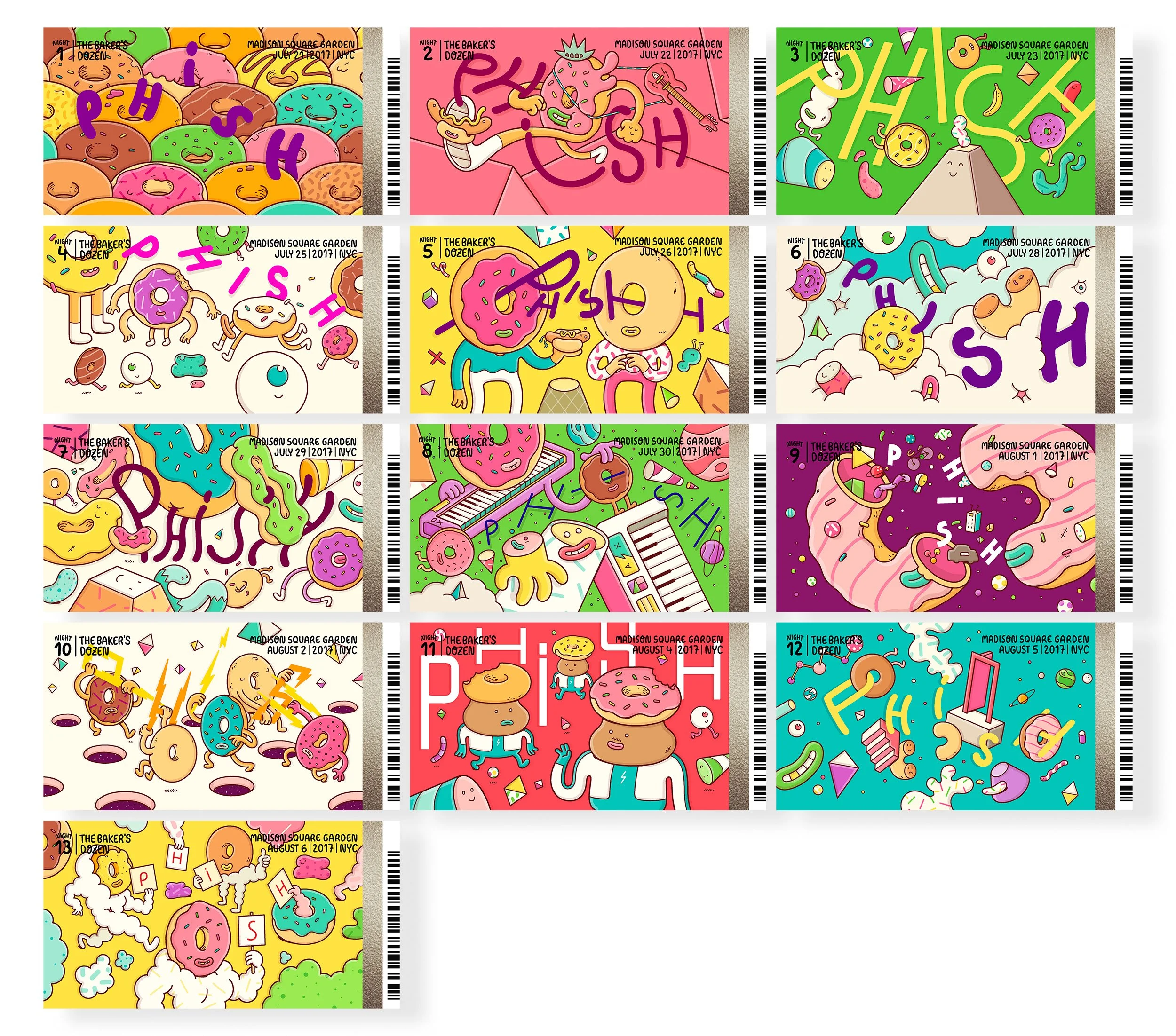 Set of 13 rectangular Phish tickets featuring psychedelic donut characters and varied band name lettering. 
