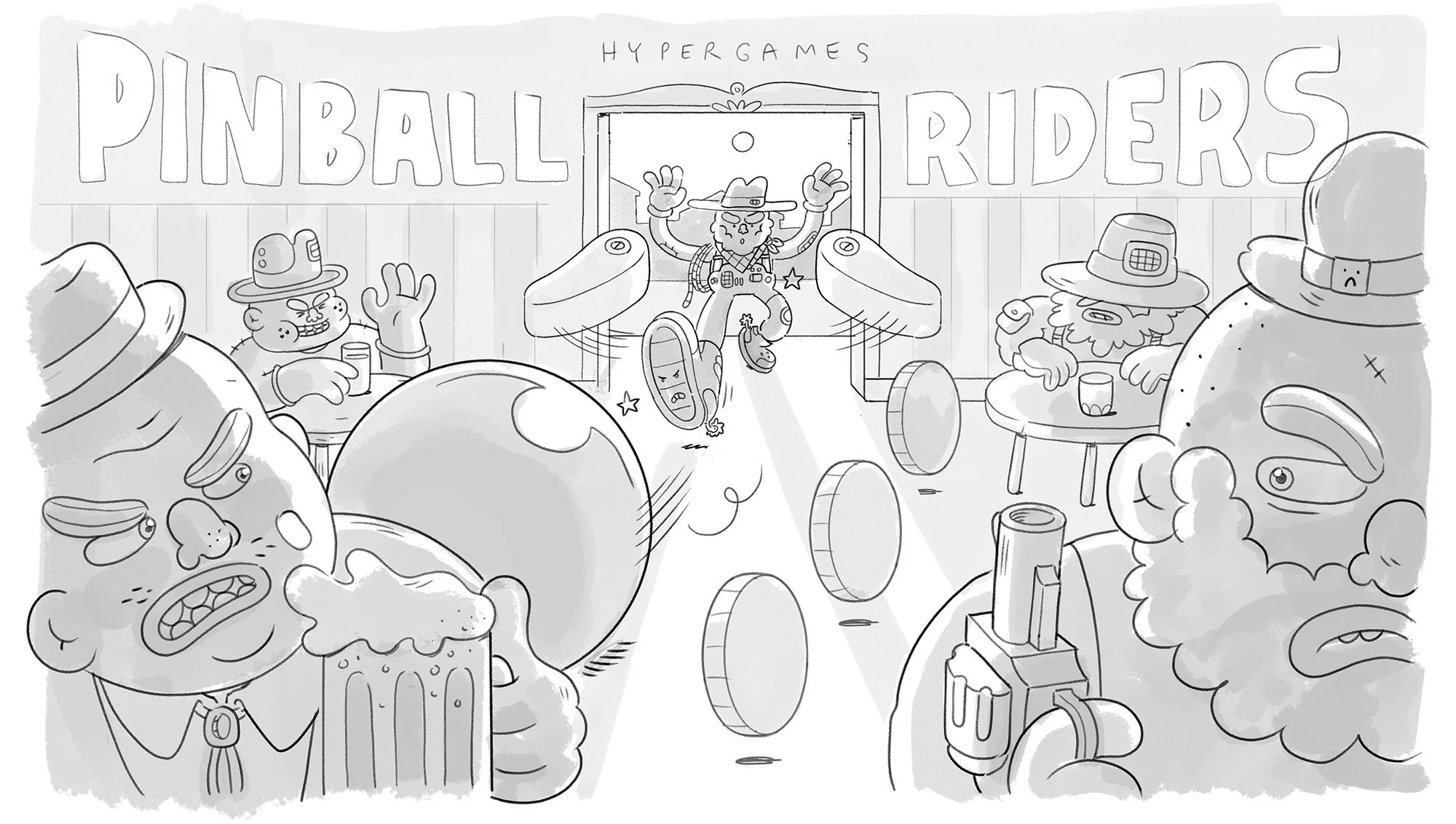 The SALOON. Creative worldbuilding sketches and early conceptual ideas by Brosmind for the Pinball Riders video game lore.