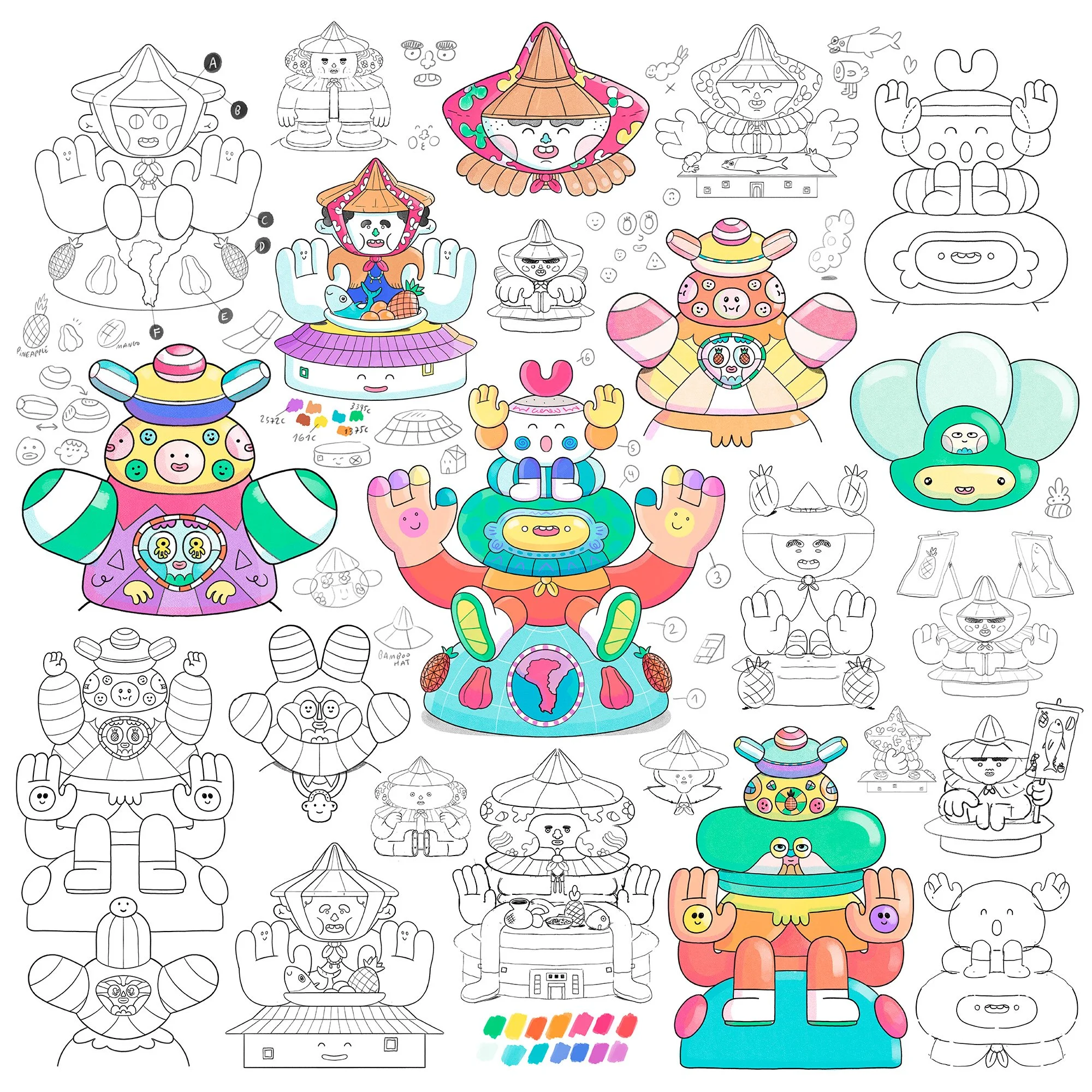 Concept design moodboard featuring pencil sketches, color tests, and views for the Brosmind inflatable. 