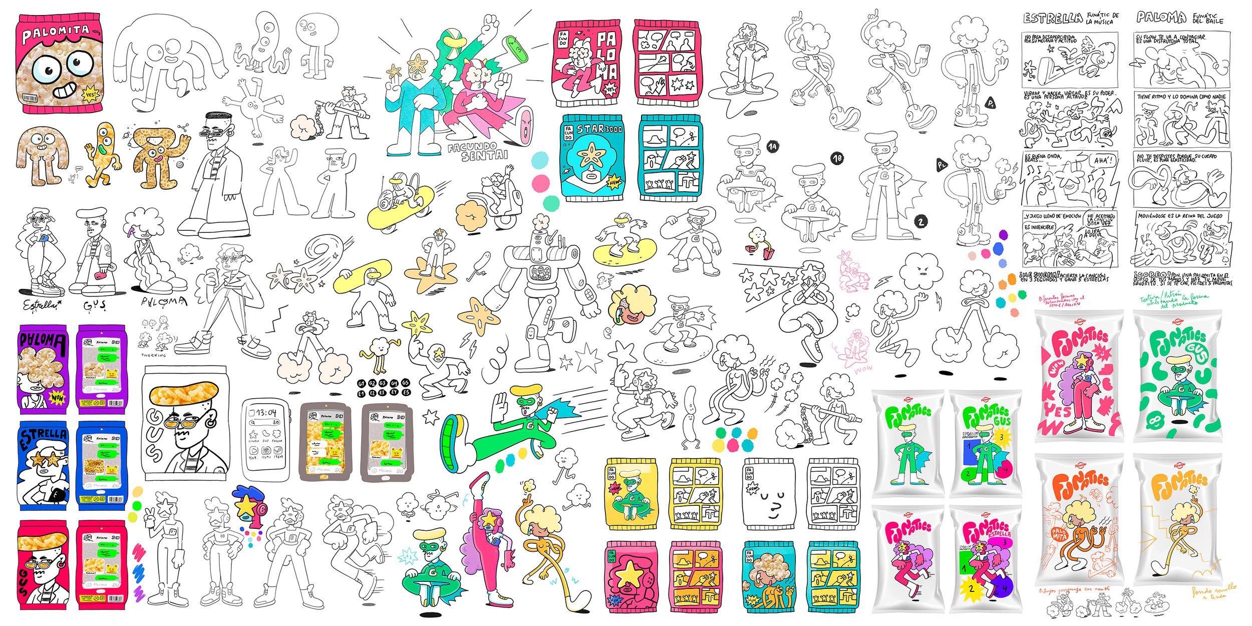 Creative process moodboard for Funatics character development, showing early sketches, color testing, and mascot explorations.