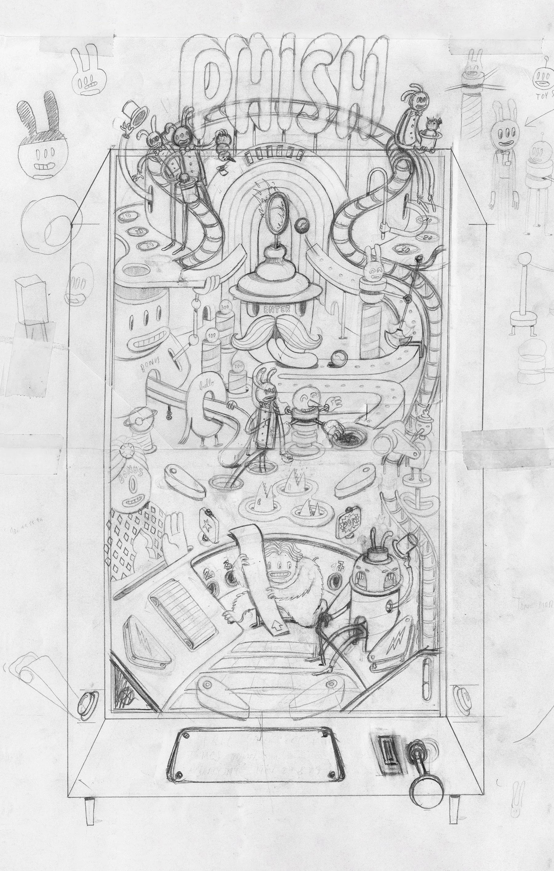 Original concept pencil sketch for the 2009 Phish Albany concert pinball gigposter design.