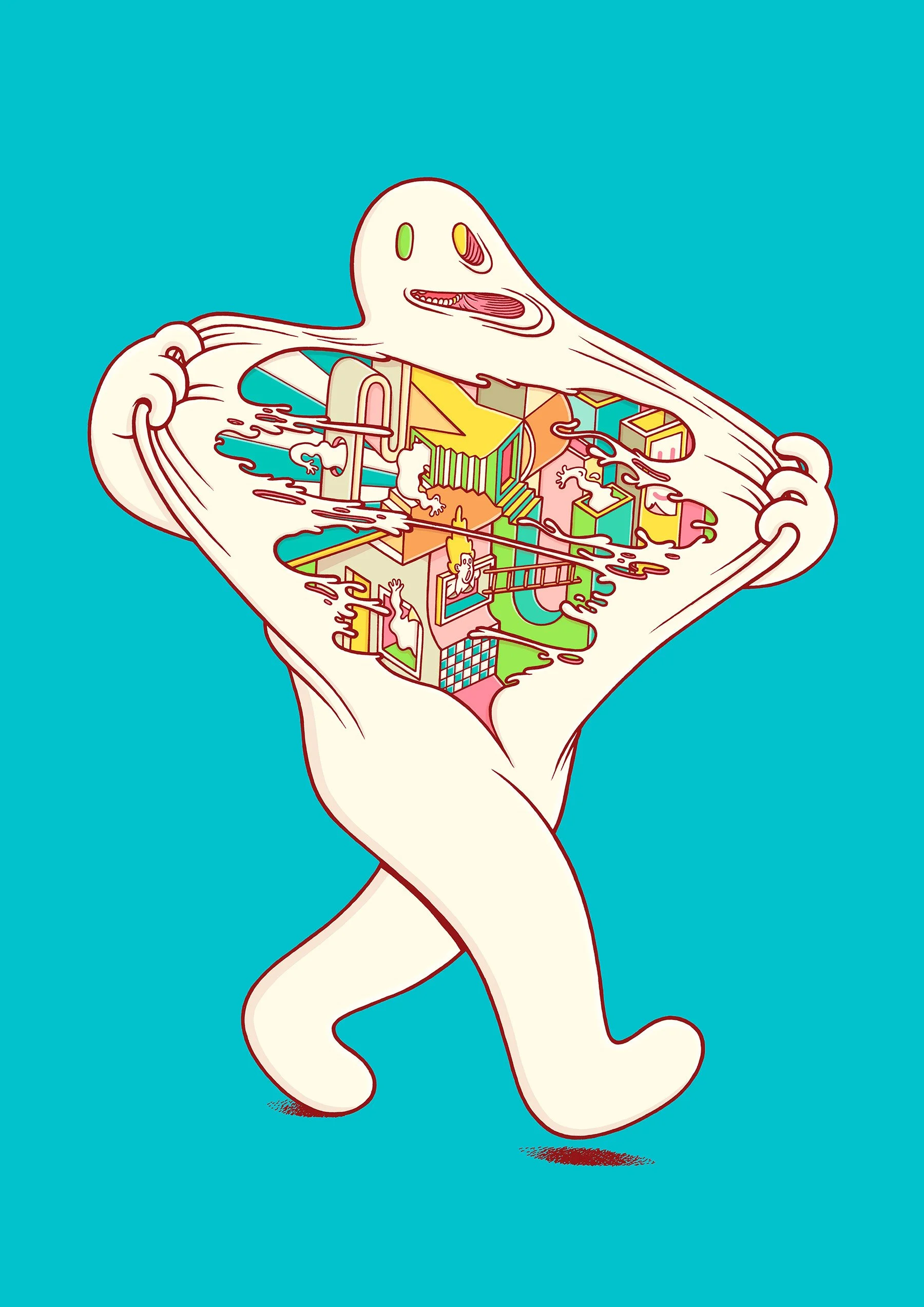 Character pulling open its chest to reveal an Escher-inspired interior of impossible stairs and surfaces. 