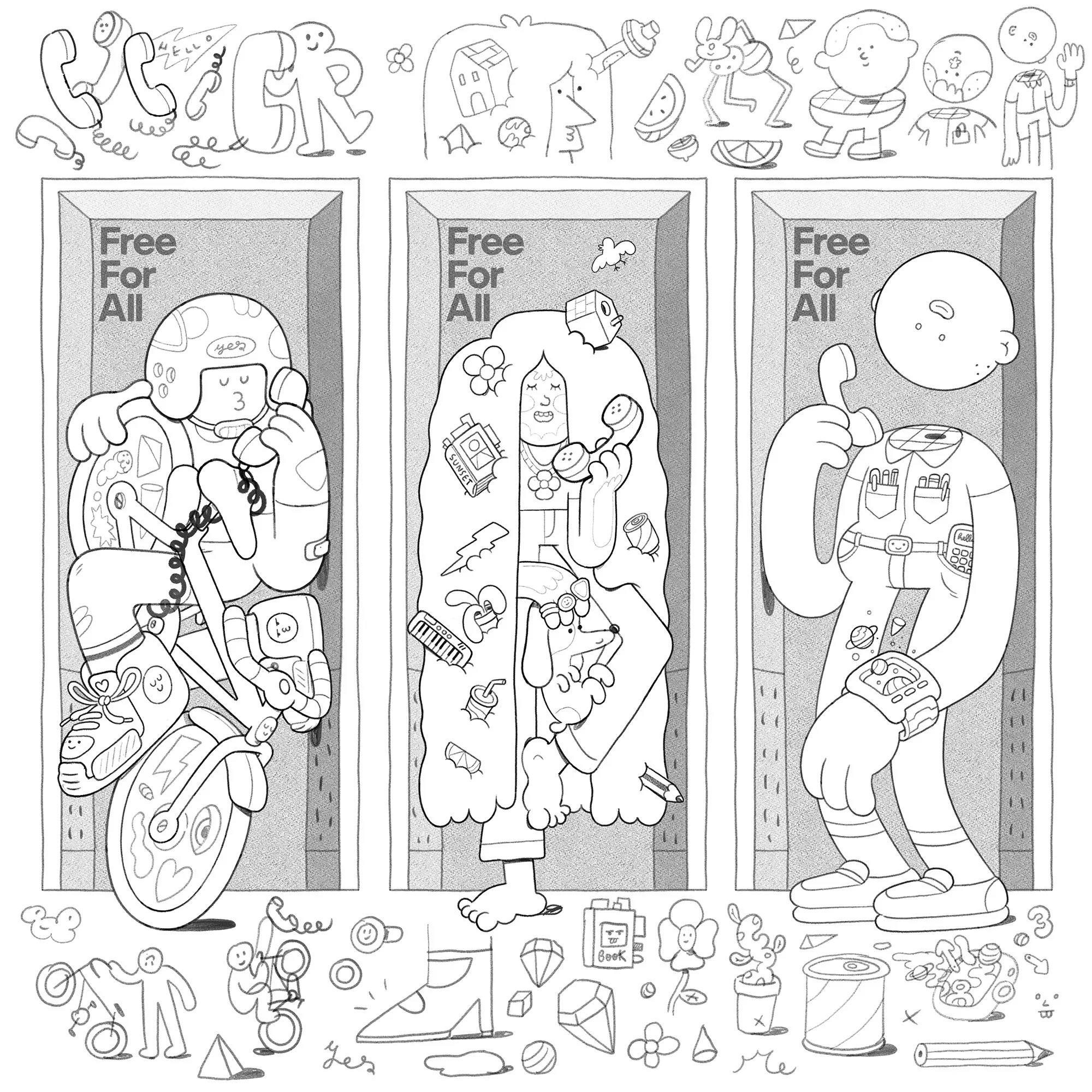 Original pencil sketches and character concept development by Brosmind for the Telstra phone booth illustration campaign.