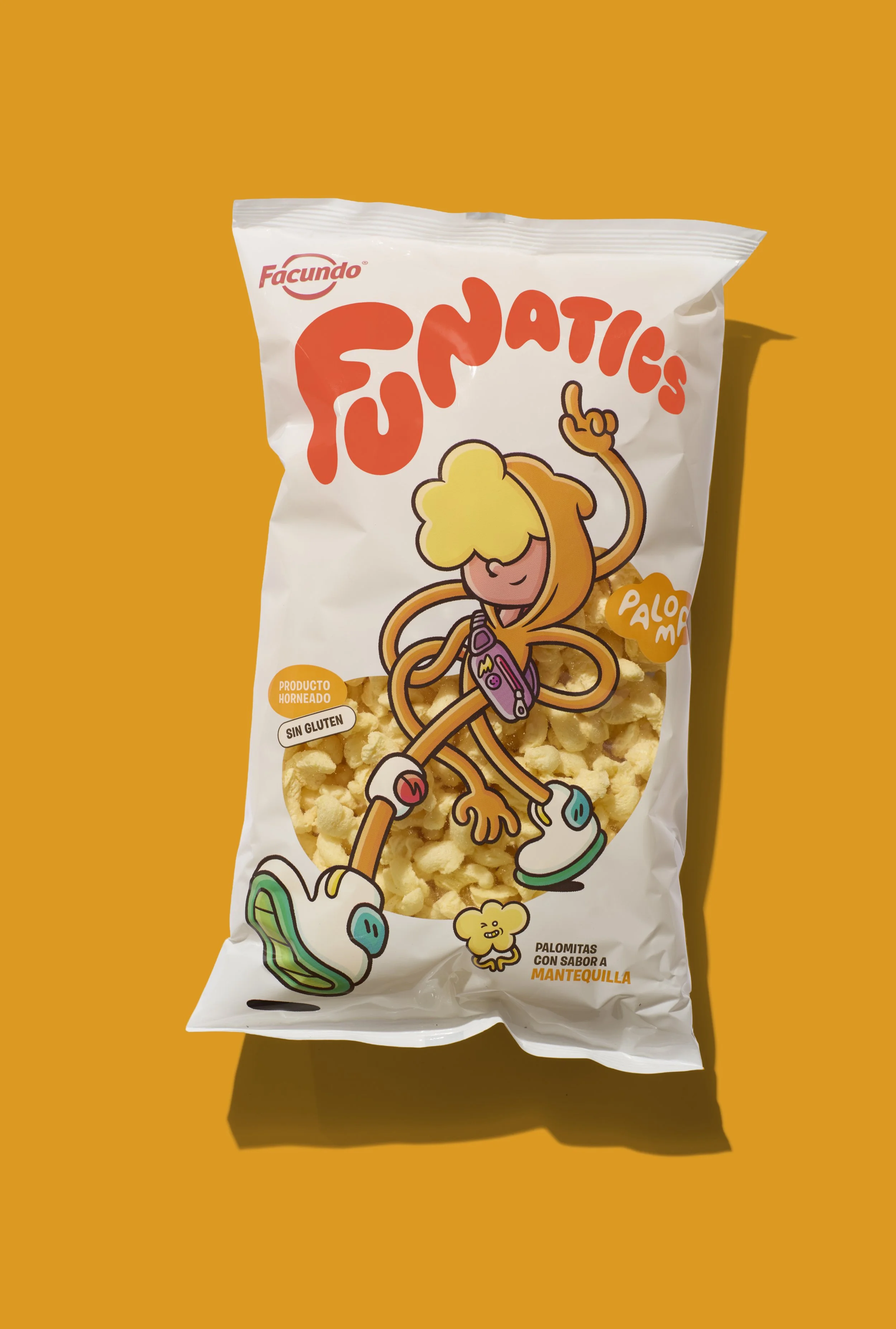 Funatics popcorn packaging photo featuring Brosmind's elastic superhero character design named Paloma for Facundo.