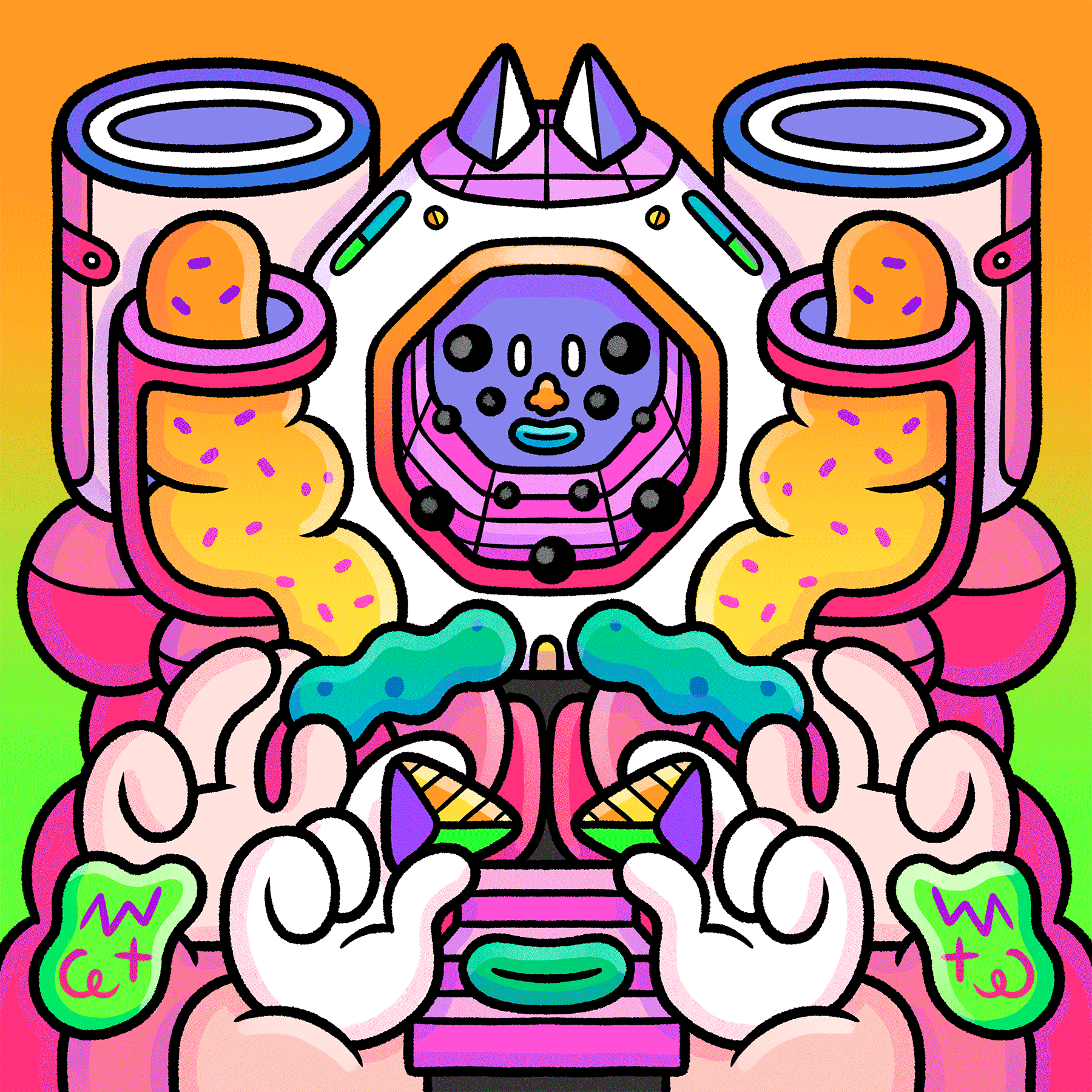 Four-armed psychedelic deity with cat ears holding light-emitting polygons. YUXU by Brosmind.