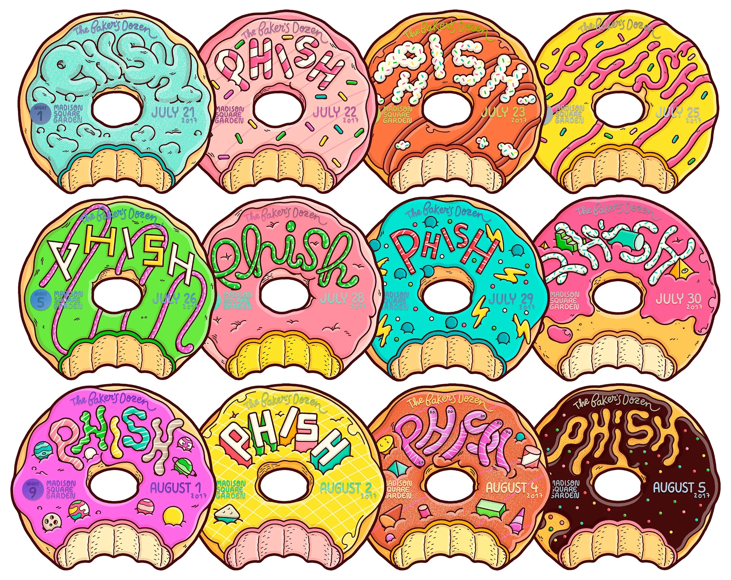 Donut-shaped ticket collection illustrated by Brosmind for Phish Baker's Dozen concerts with custom typography.