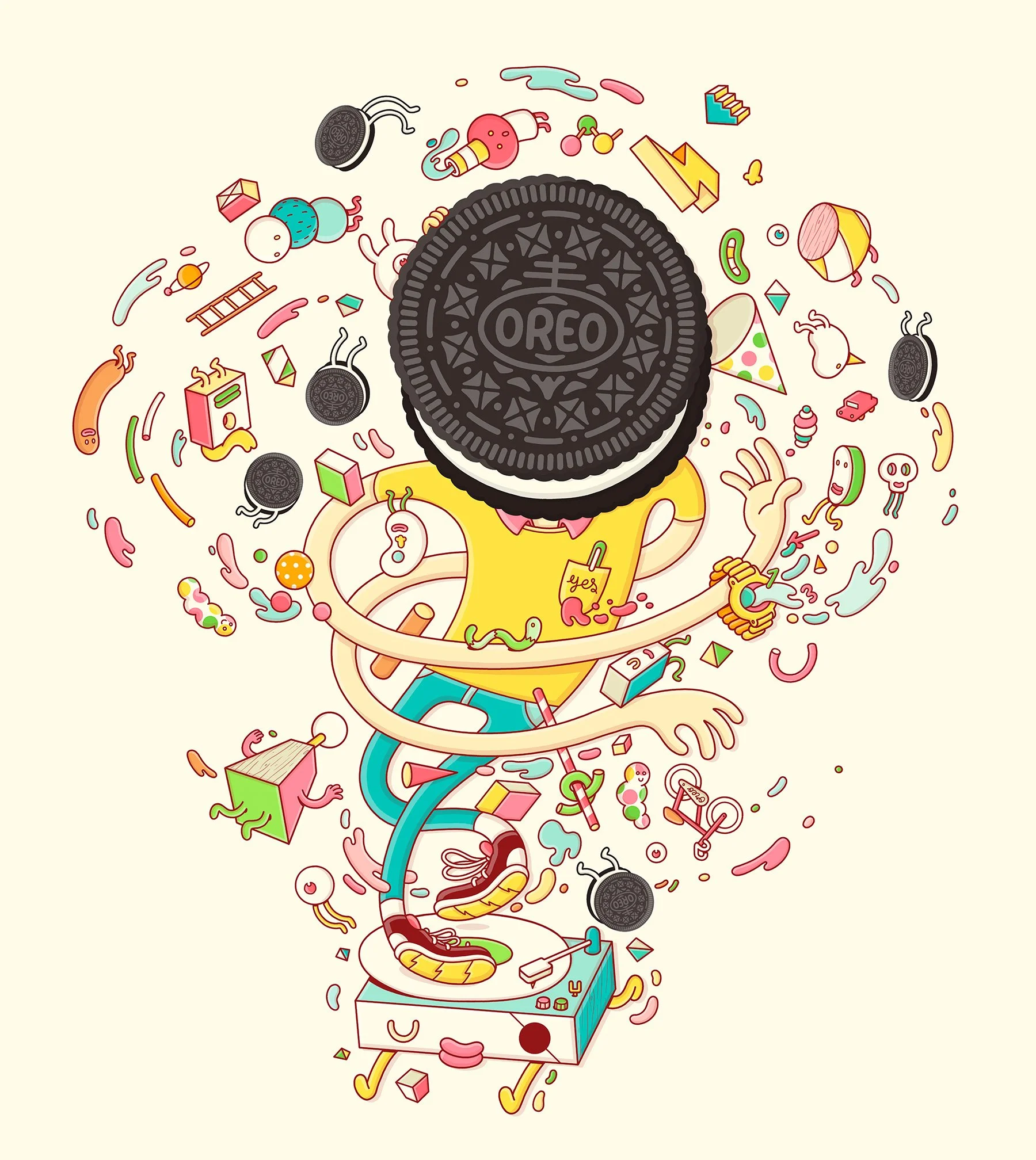 Oreo cookie head character dancing on a vinyl record player with twisted limbs by Brosmind for Play with Oreo.