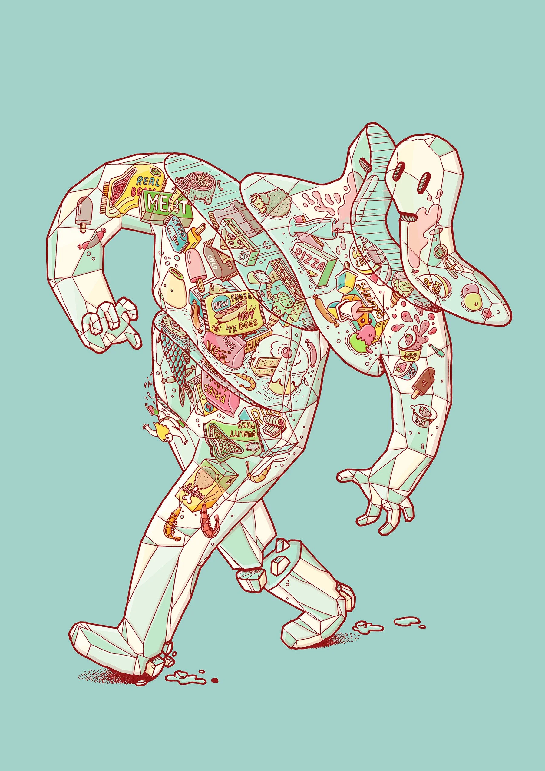 Transparent ice character sliced by an ice skater, filled with frozen food products and colorful packaging.