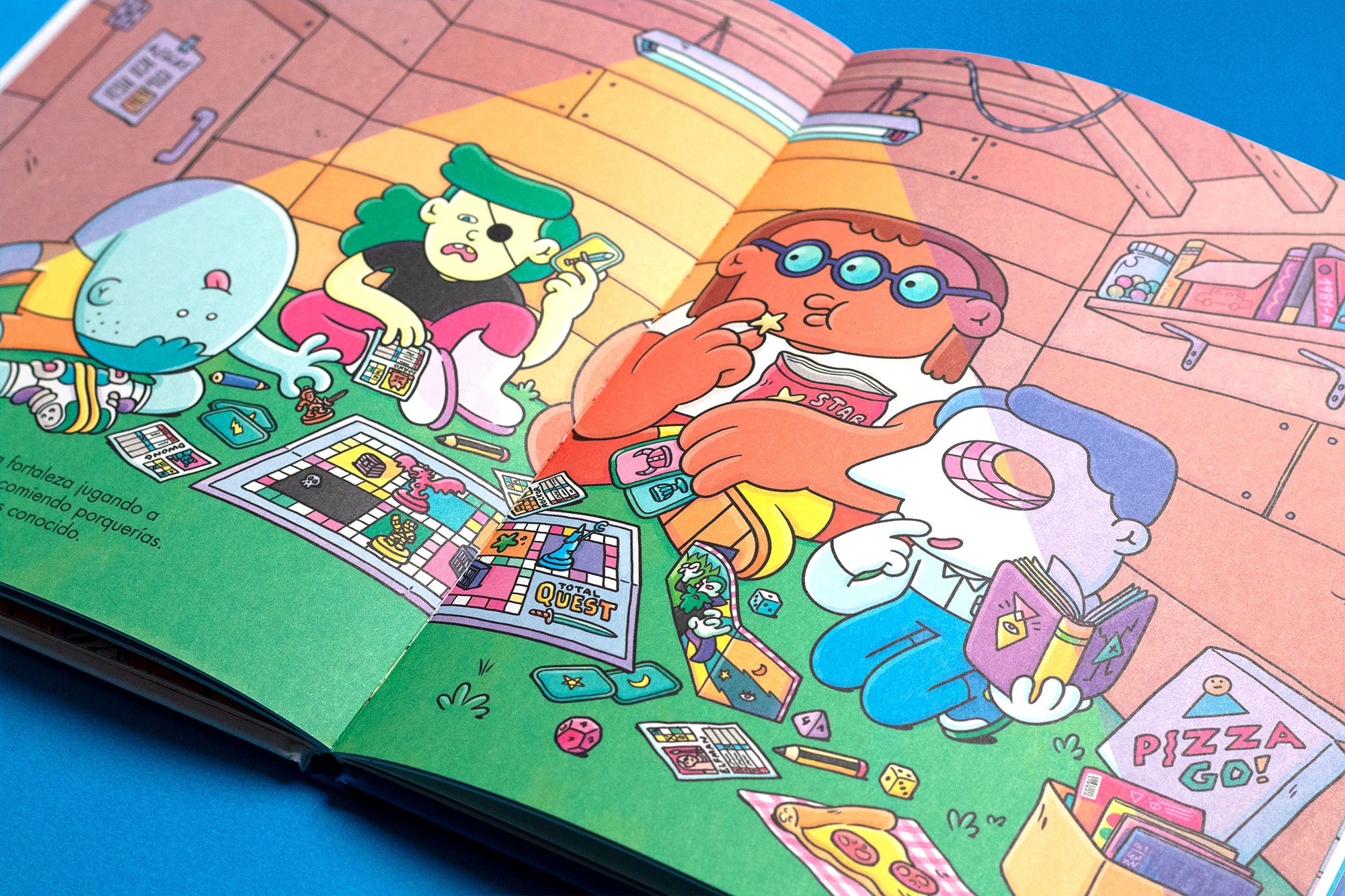 Detailed open children's book spread photo illustrating kids playing a D&D-style RPG fantasy tabletop game with dice, cards, and pizza in a cozy cabin.