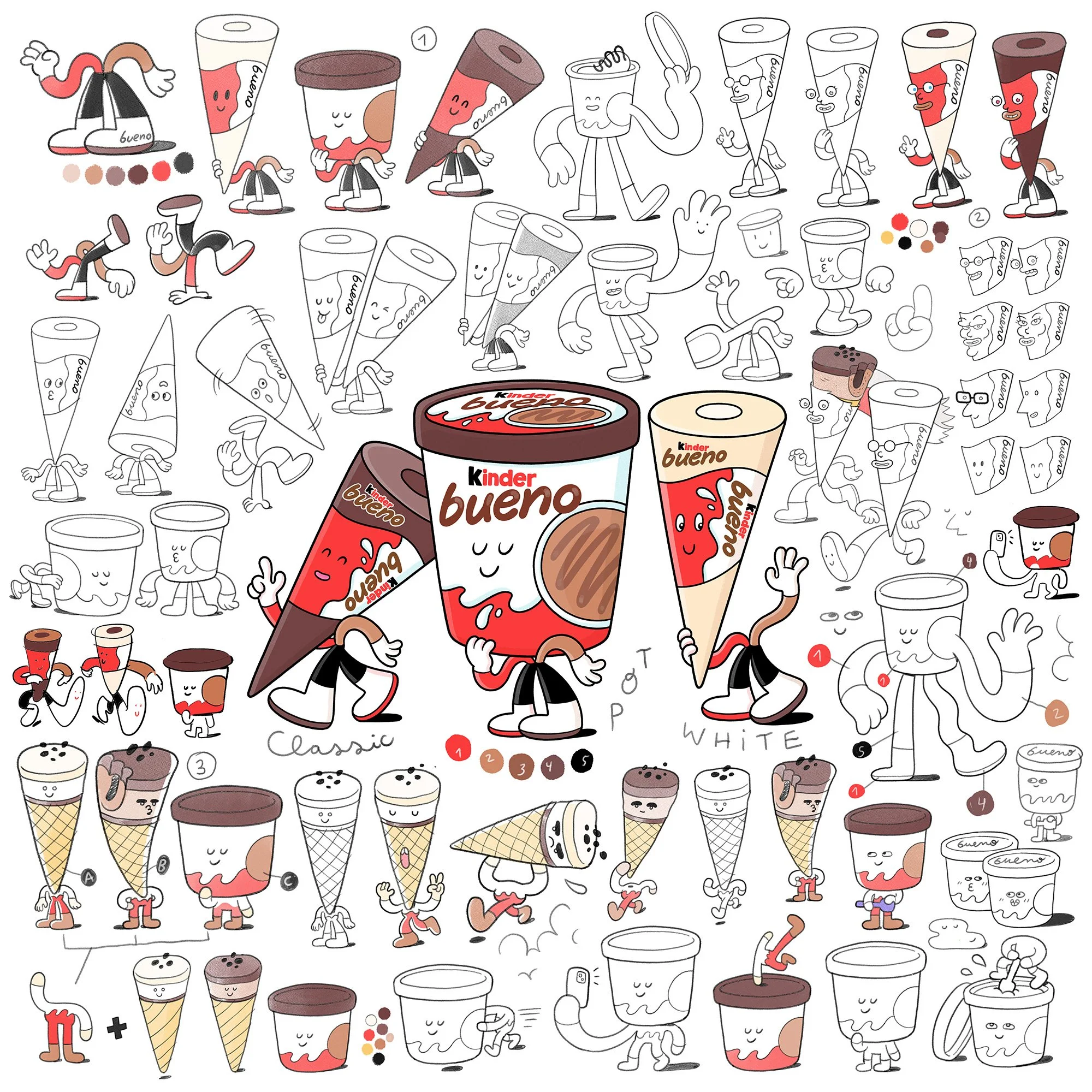 Character design process moodboard by Brosmind for Kinder Bueno ice cream at Cruïlla festival, featuring sketches, coloring, and three final ice cream cone and tub characters.