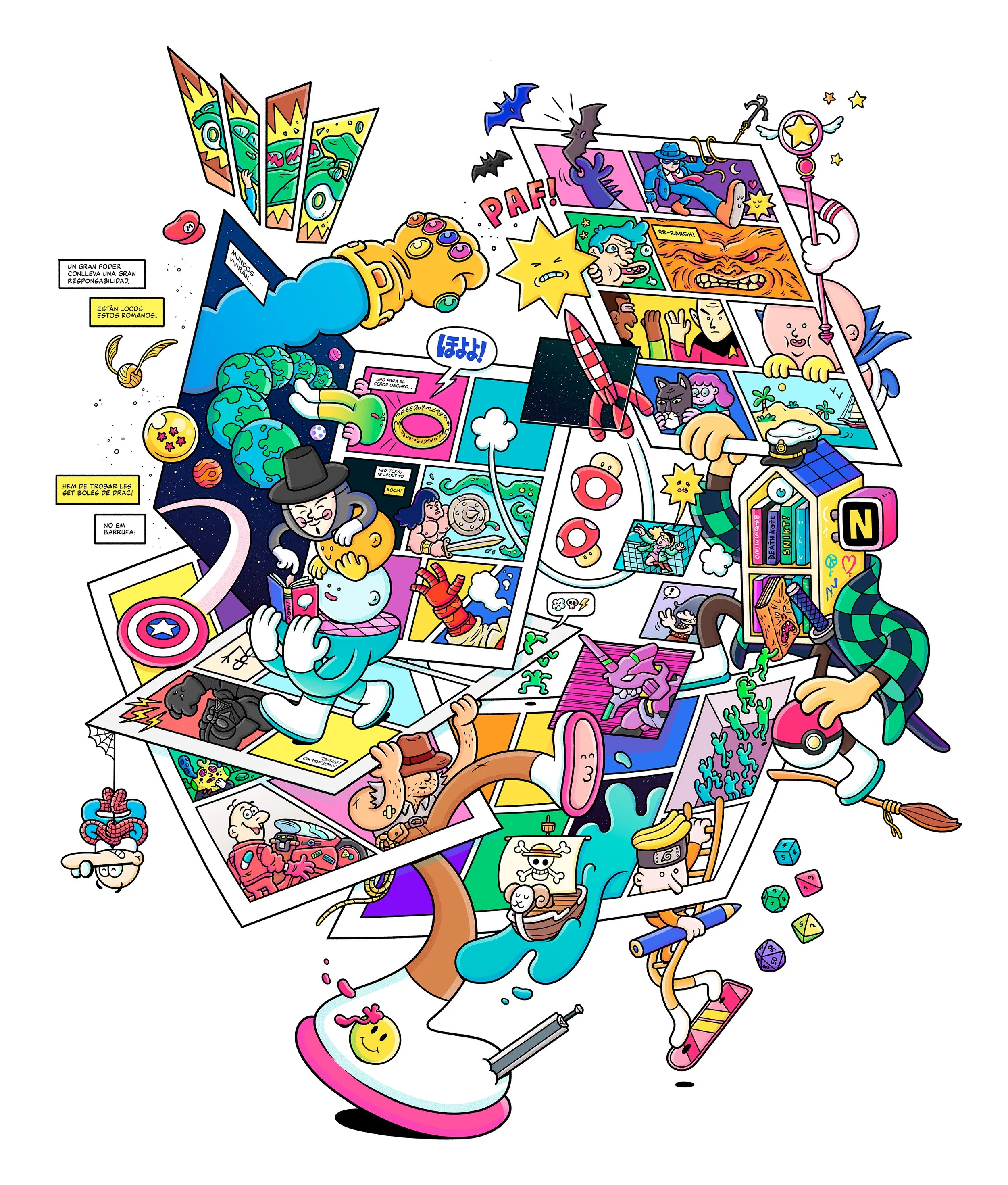 Detailed commemorative poster illustration by Brosmind for award-winning Barcelona comic book store Norma Cómics' 40th anniversary, featuring stacked comic panels overflowing with pop culture characters.