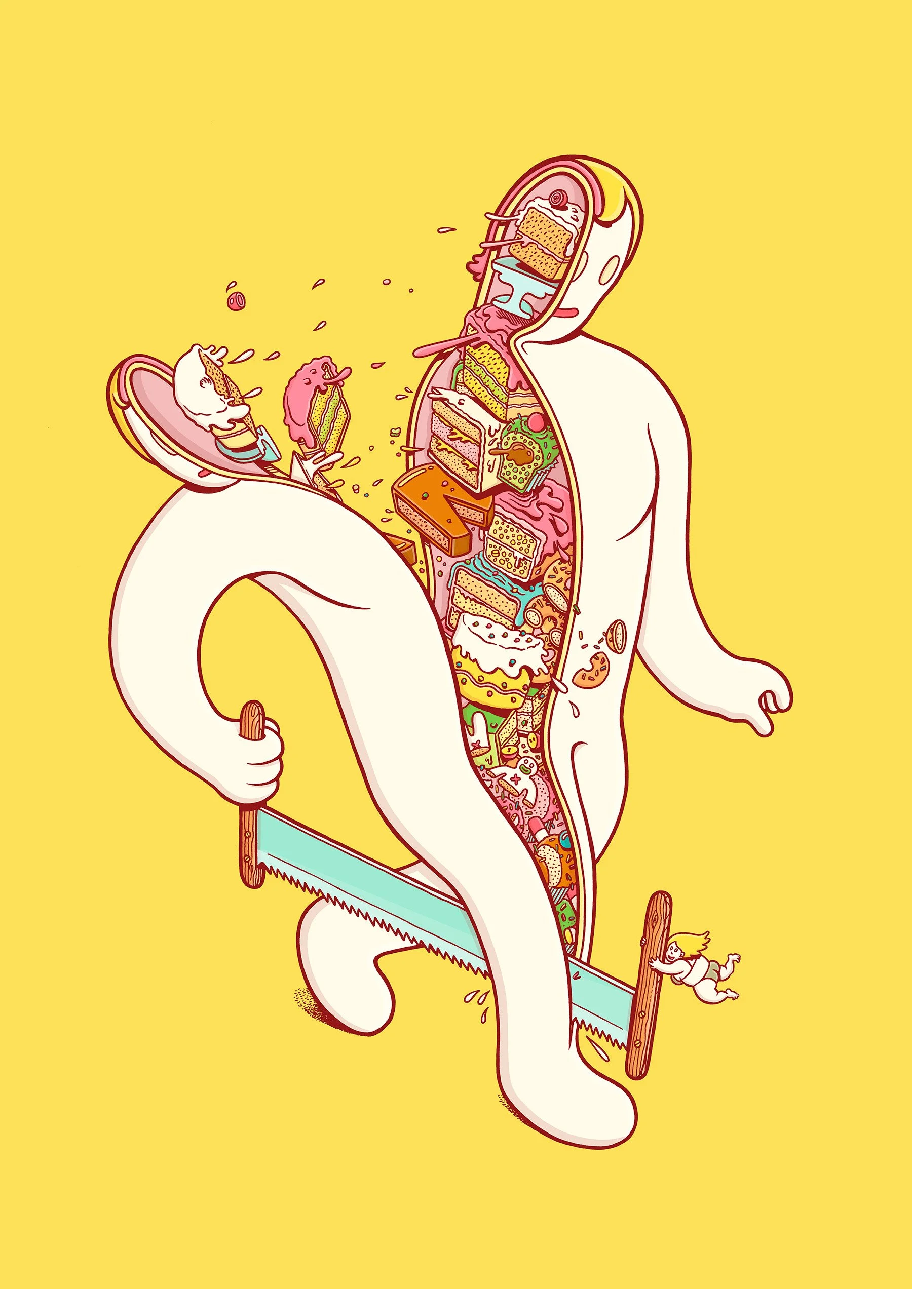 Character sliced top-to-bottom by a saw, revealing an interior packed with sweet pastries and baked goods.