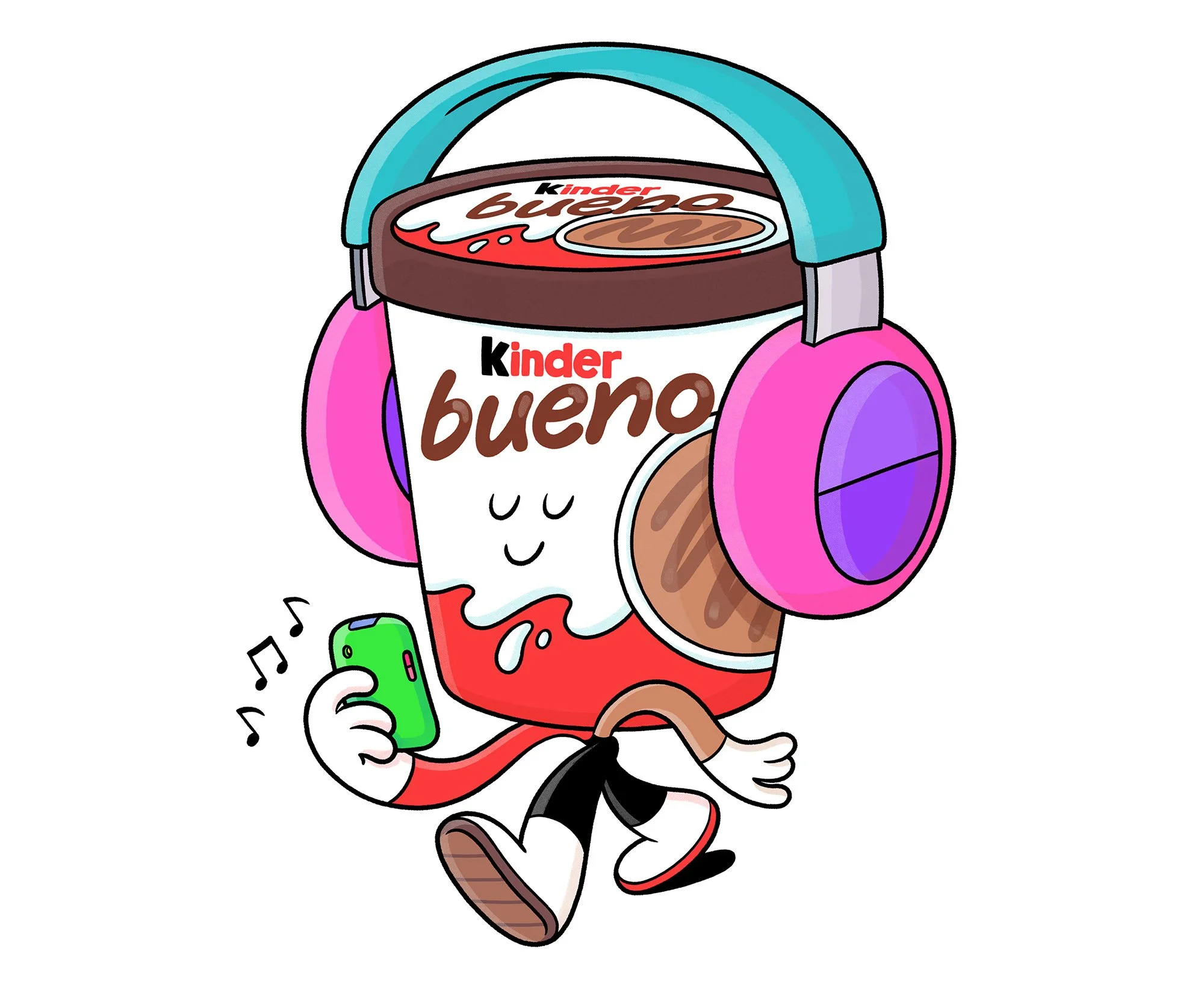 Kinder Bueno ice cream tub character artwork by Brosmind, depicting the mascot walking with large headphones and a phone for a music festival campaign.