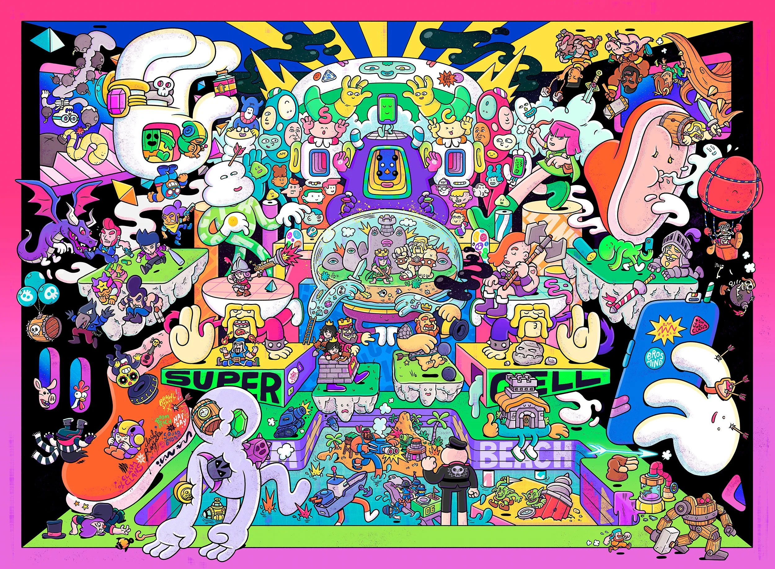 Detailed landscape video game illustration by Brosmind celebrating Supercell's 15th anniversary, featuring iconic mobile game characters from Clash of Clans, Brawl Stars, Hay Day, Clash Royale, Boom Beach, and Squad Busters.