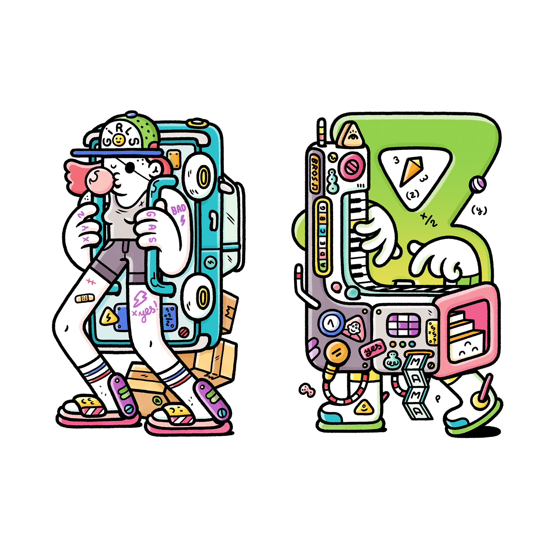 Close-up of two Brosmind card illustrations: a patch girl carrying a car backpack and a geometric character playing a synth.