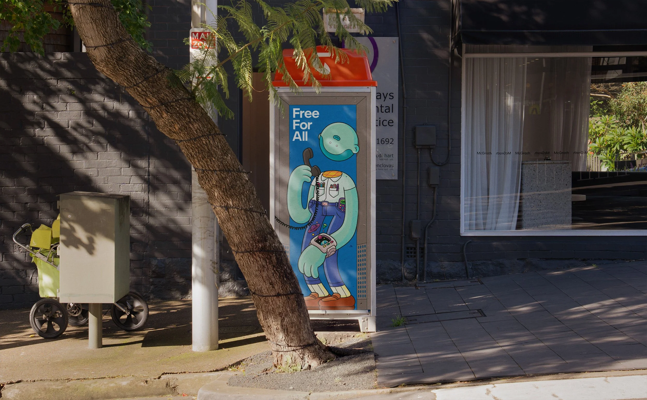 Telstra street display with a surreal office worker character whose spherical head floats like a balloon, artwork by Brosmind.