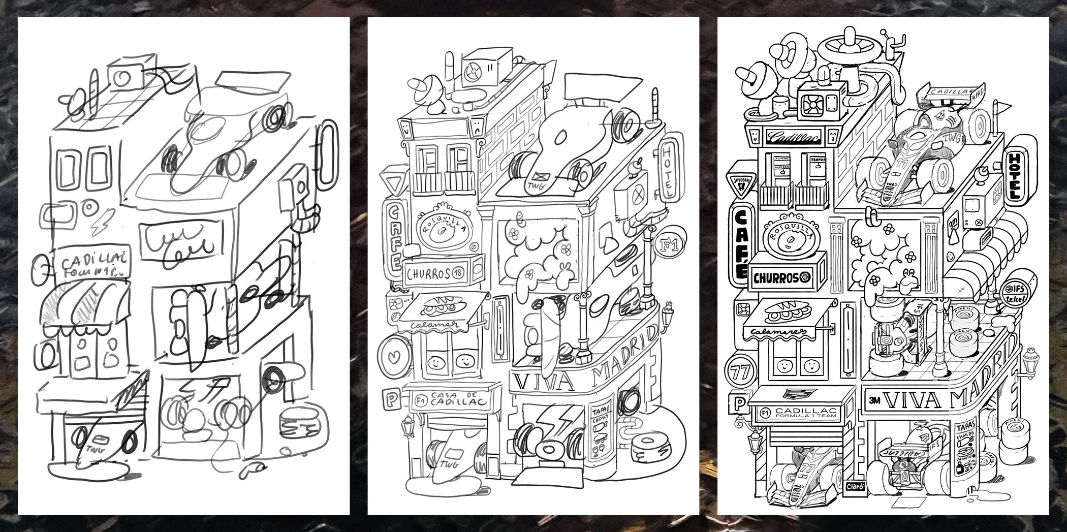 Original pencil sketch and organic line art concept for Brosmind's Cadillac Formula 1 Madrid Grand Prix poster.