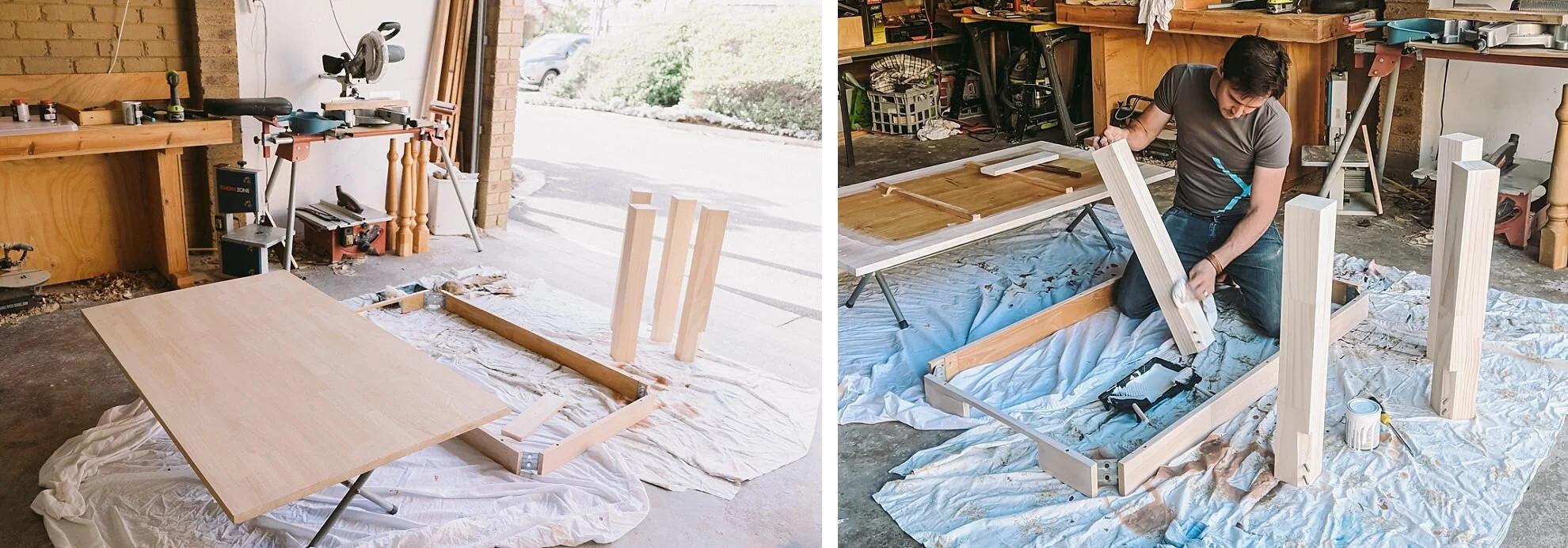  LEFT: Original Pine // RIGHT: Applying our first coat of Liming White 