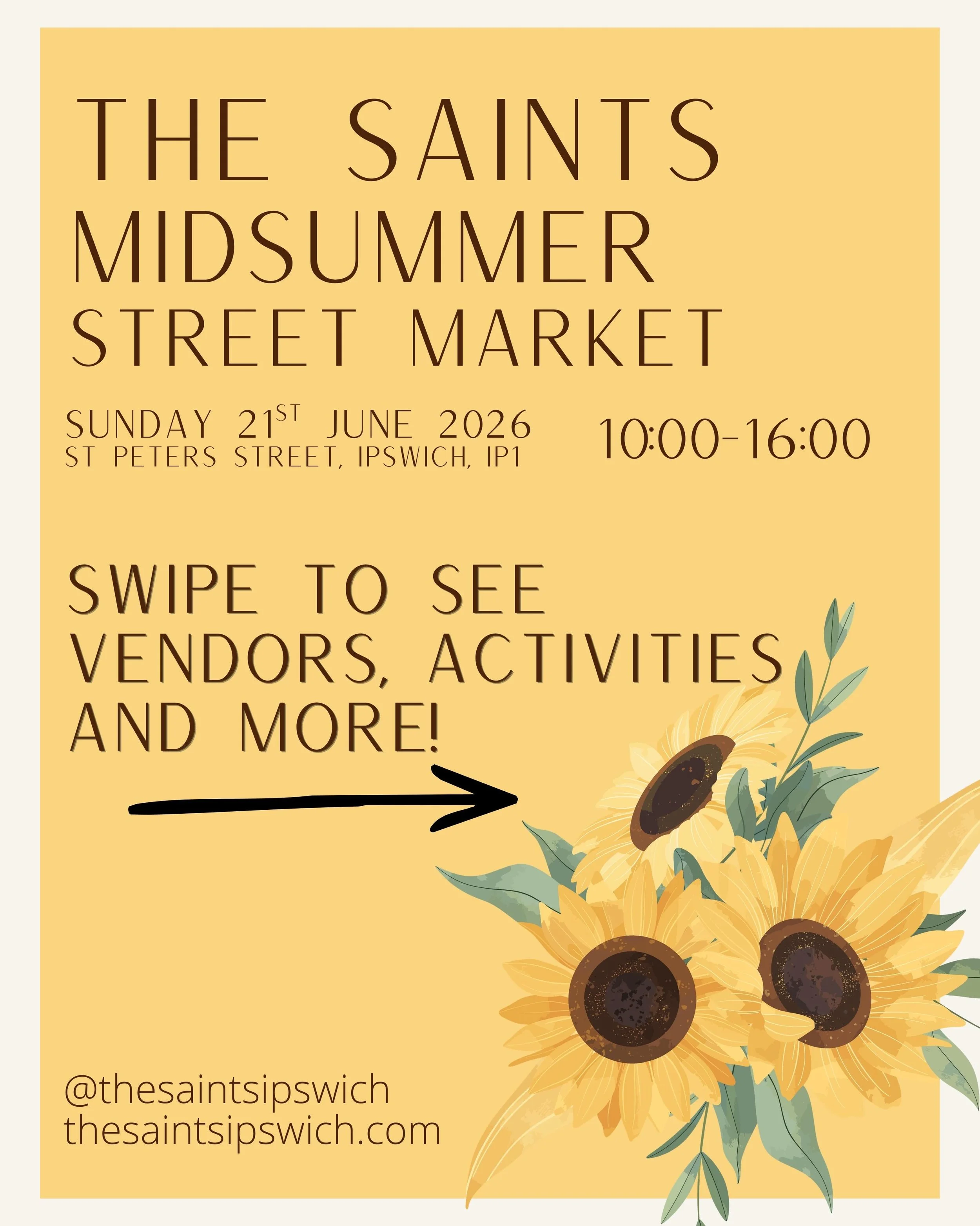Swipe to see what&rsquo;s in store at our Saints Midsummer Street Market on Saturday 21st June 2026, from 10:00&ndash;16:00!

Browse a fantastic selection of stalls featuring everything from cakes and crafts to pottery, vintage clothing, and much mor