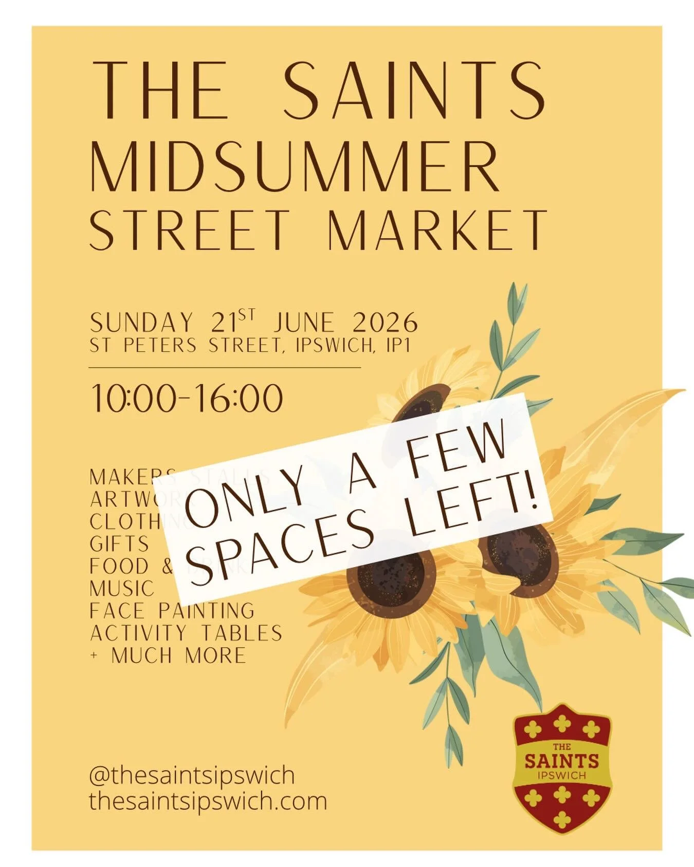 We have just a few spaces remaining for stalls at our Saints Midsummer Street Market on Sunday 21st June!

If you&rsquo;re a seller interested in joining us, please email flynnthesaints@gmail.com with a bit of information about your business, and we&