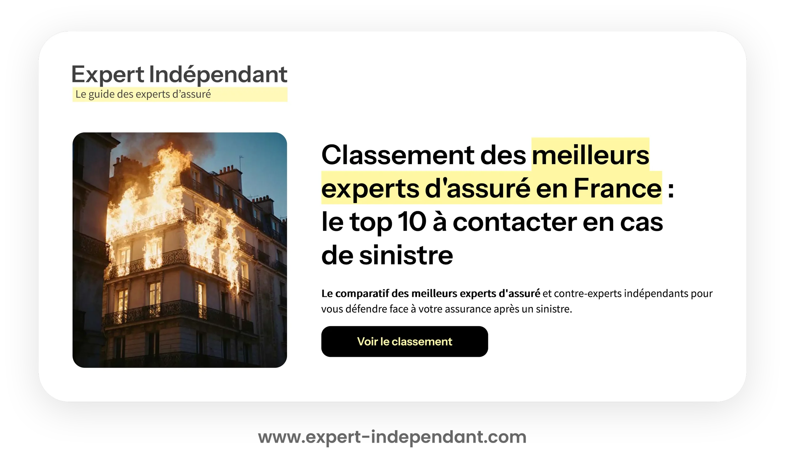 Page web présentant un classement des meilleurs experts d'assurance en France, avec une image d'un bâtiment en flammes