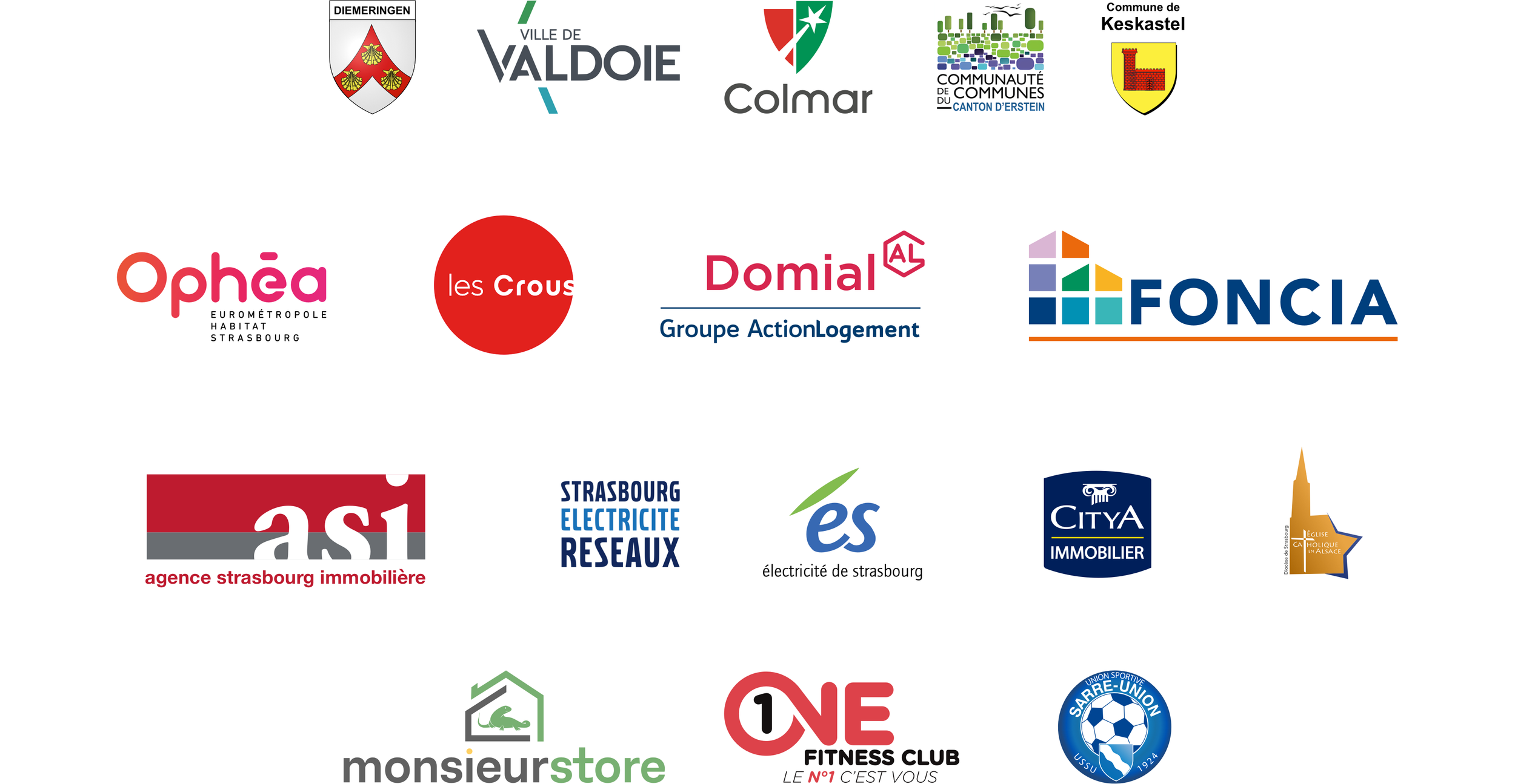 Les logos des partenaires, Valdoie, Diemeringen, Colmar, Erstein, Keskastel, Ophea, Le Crous, Domial, Foncia, Agence Strasbourg Immobilière, Electricité de Strasbourg, Citya, Monsieur Store, One Fitness Club, US Sarre Union