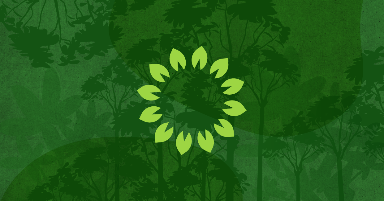 Abstract green logo with leaf shapes arranged in a circle over a dark green forest background.