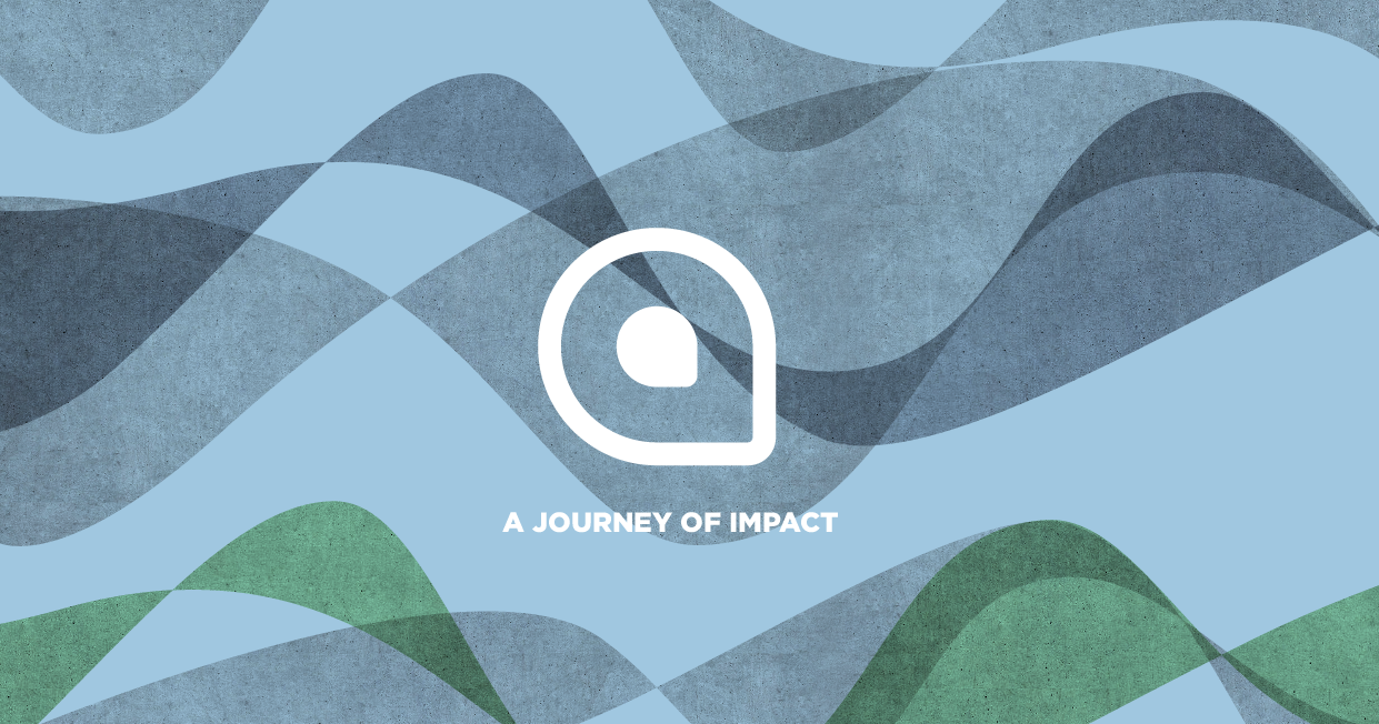 Abstract background with wavy blue, green, and gray shapes, logo at center, and text 'A JOURNEY OF IMPACT'.